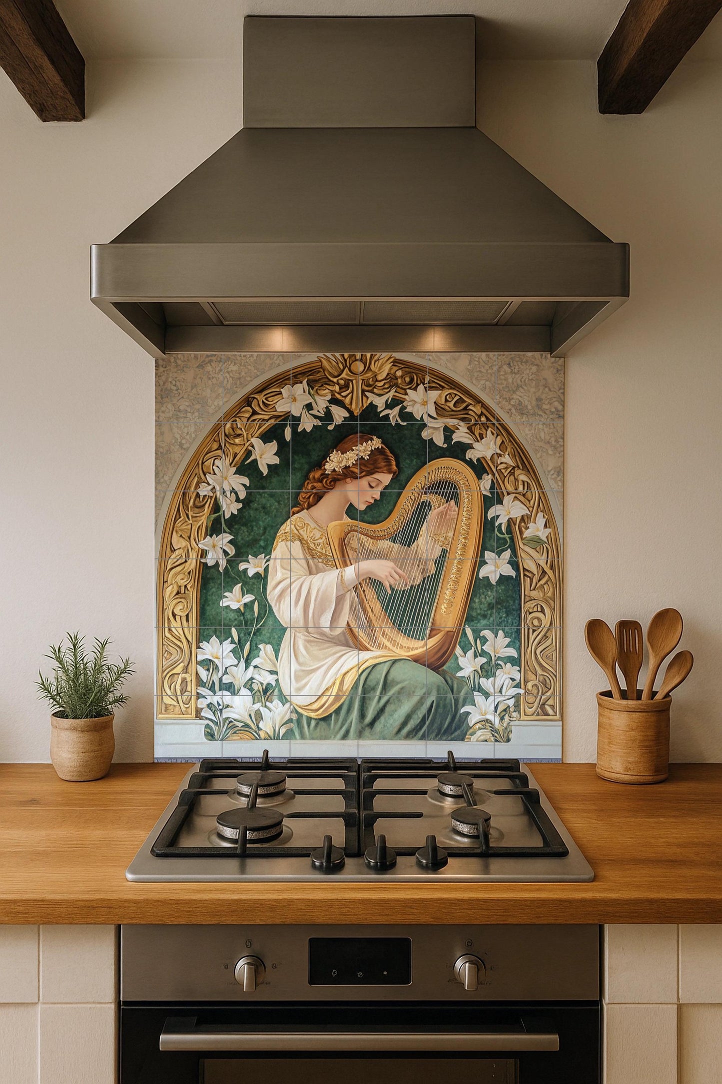 Ceramic tile mural with Art Nouveau harp / Elegant woman with lilies and golden bow / Classic decorative panel. Romantic living room.