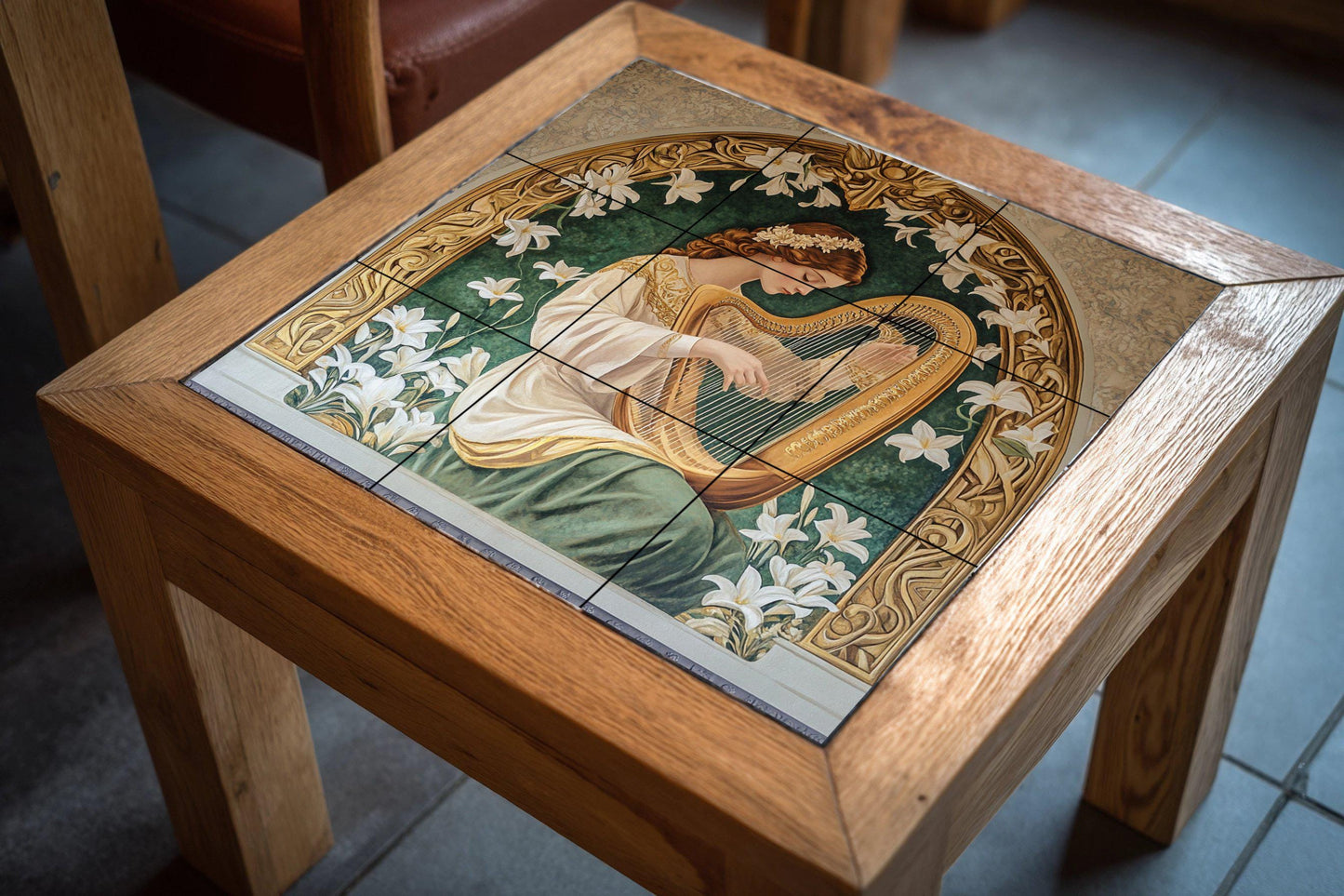 Ceramic tile mural with Art Nouveau harp / Elegant woman with lilies and golden bow / Classic decorative panel. Romantic living room.