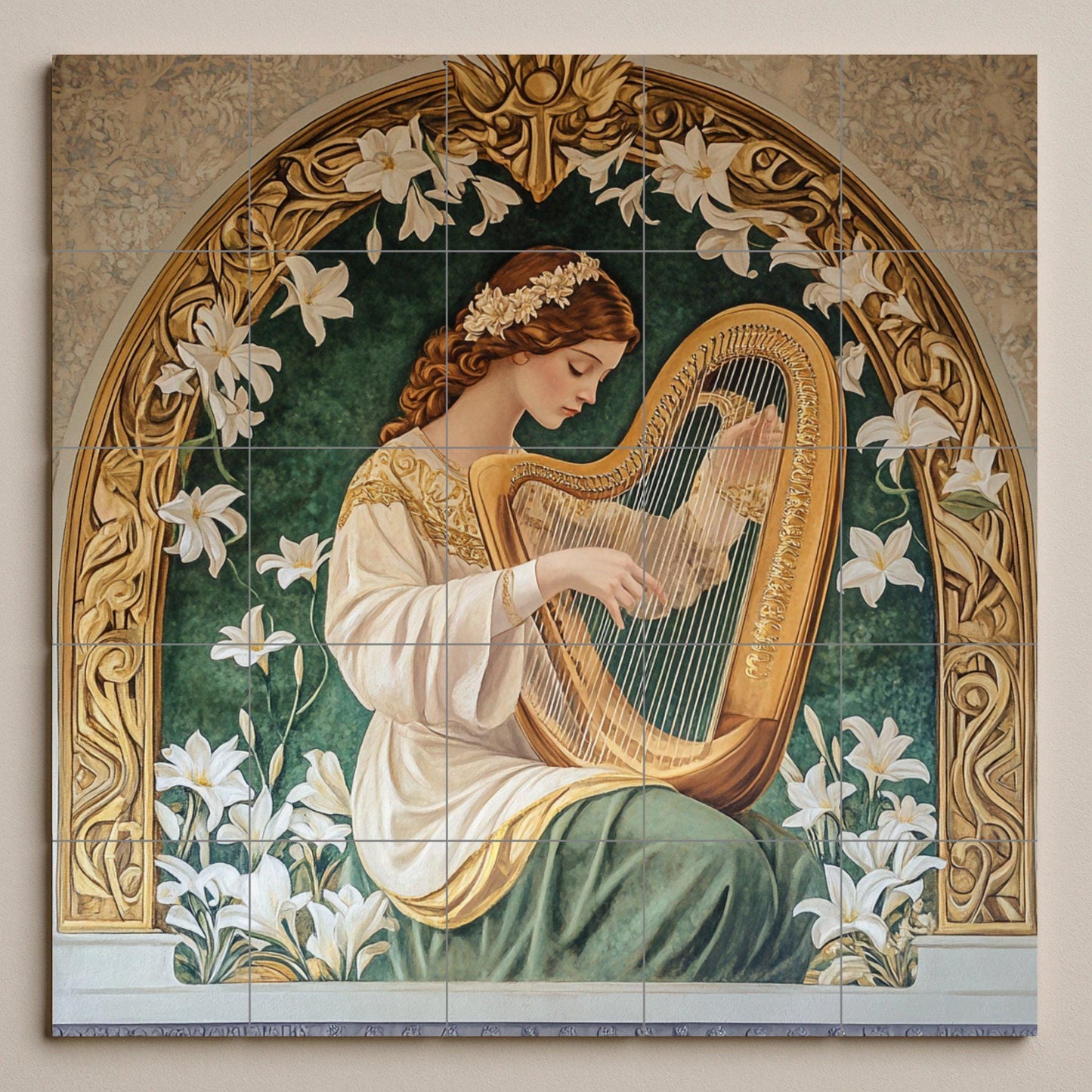Ceramic tile mural with Art Nouveau harp / Elegant woman with lilies and golden bow / Classic decorative panel. Romantic living room.