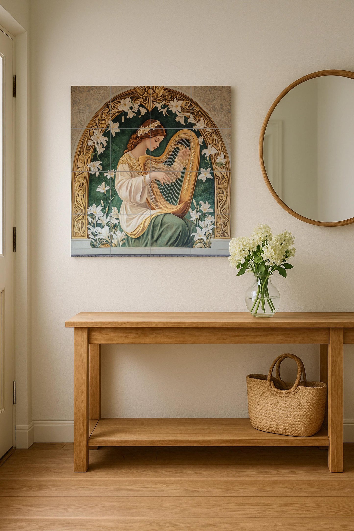 Ceramic tile mural with Art Nouveau harp / Elegant woman with lilies and golden bow / Classic decorative panel. Romantic living room.