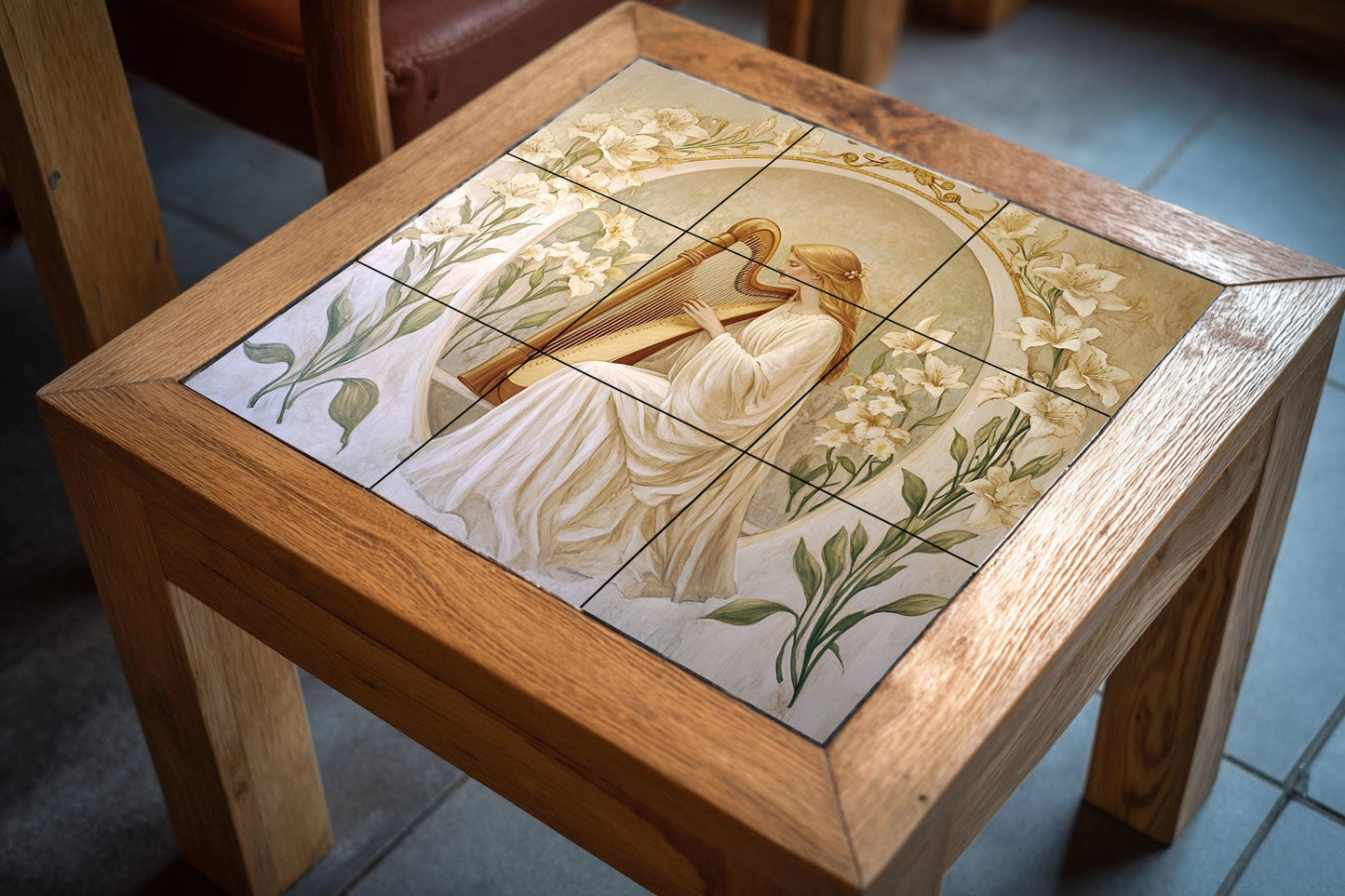 Art Nouveau ceramic tile mural / Elegant woman playing the harp with lilies / Classic decorative panel for a romantic bedroom or kitchen