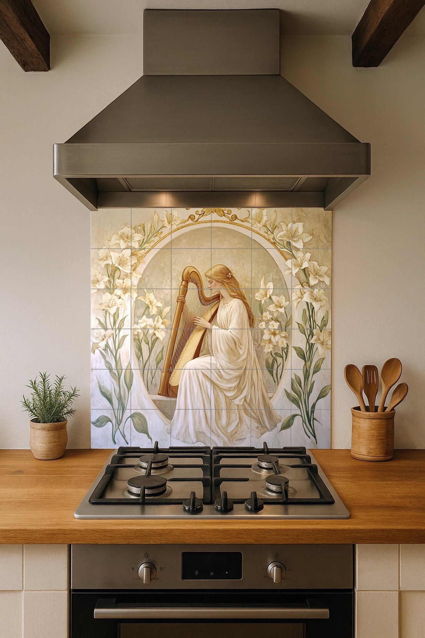 Art Nouveau ceramic tile mural / Elegant woman playing the harp with lilies / Classic decorative panel for a romantic bedroom or kitchen