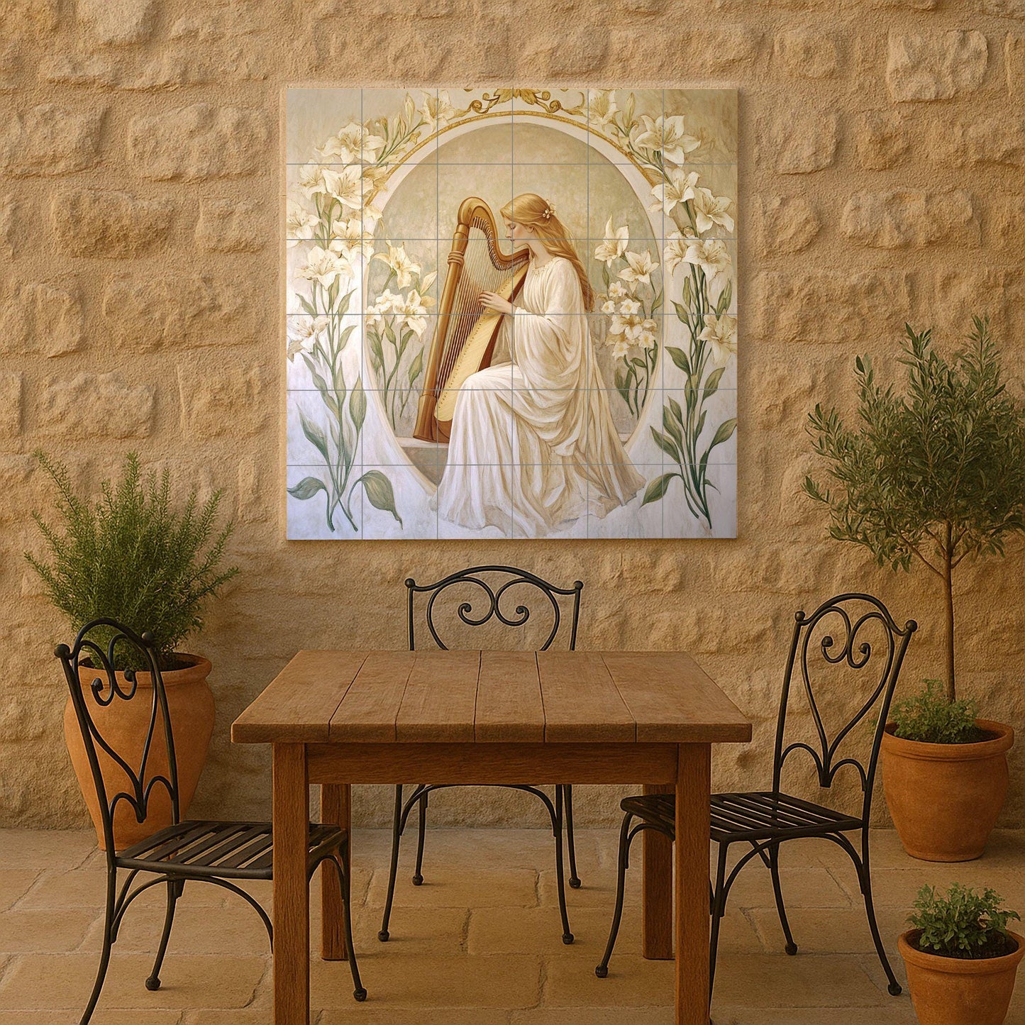 Art Nouveau ceramic tile mural / Elegant woman playing the harp with lilies / Classic decorative panel for a romantic bedroom or kitchen