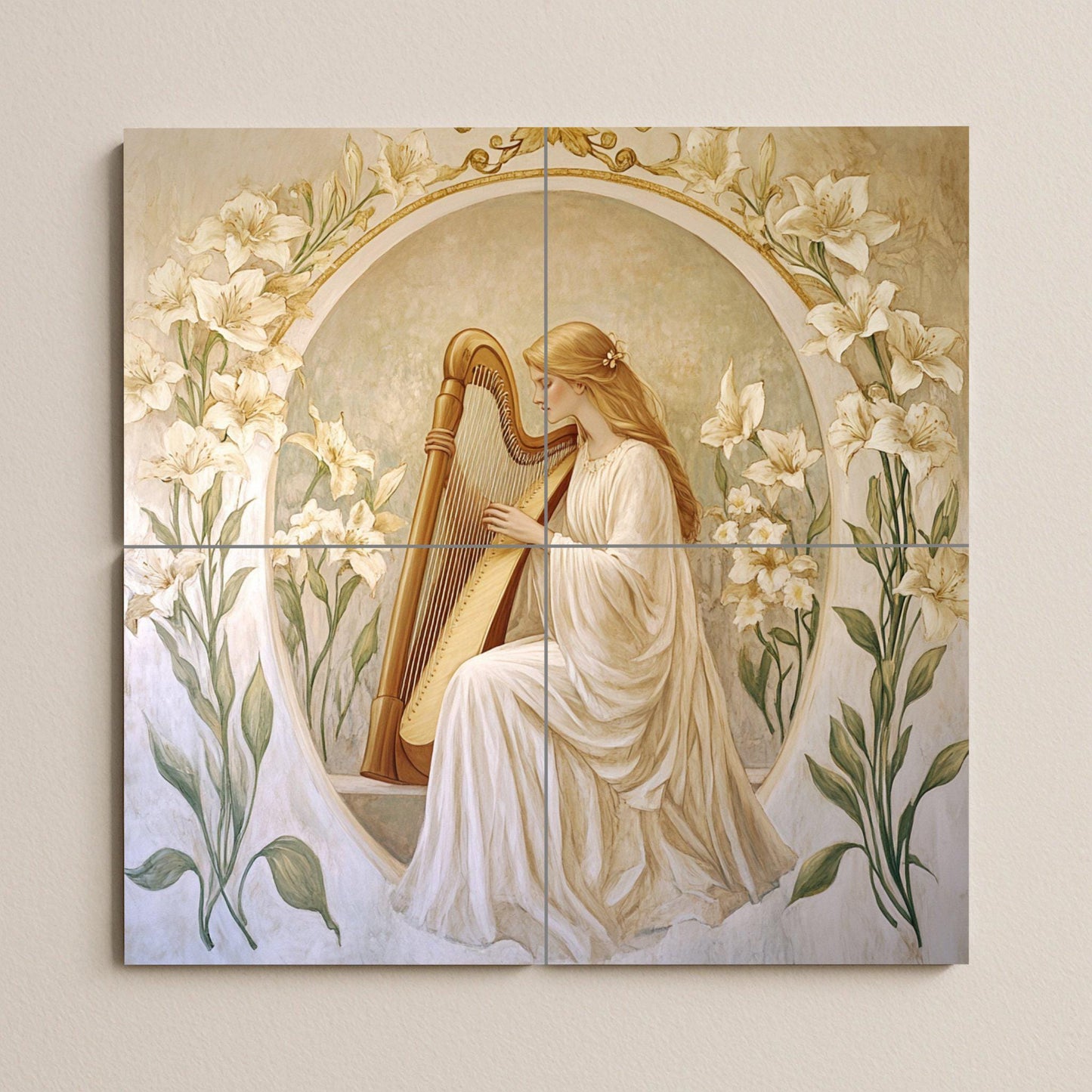Art Nouveau ceramic tile mural / Elegant woman playing the harp with lilies / Classic decorative panel for a romantic bedroom or kitchen