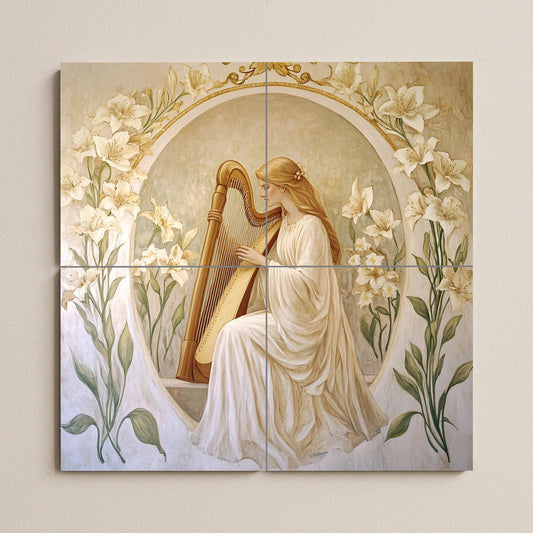 Art Nouveau ceramic tile mural / Elegant woman playing the harp with lilies / Classic decorative panel for a romantic bedroom or kitchen