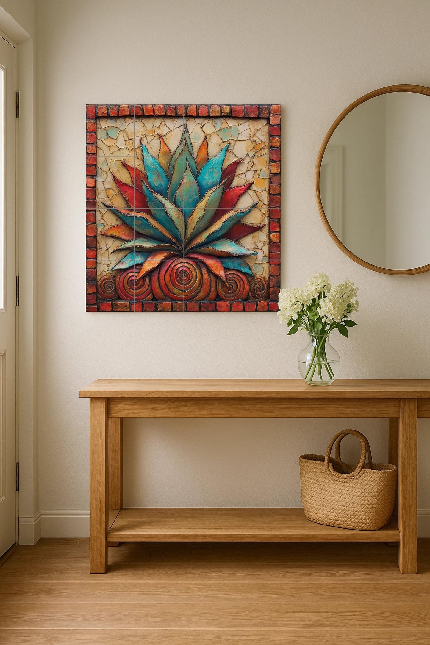 Mexican agave ceramic tile mural / Colorful succulent decorative panel with red and blue leaves / Rustic Southwestern decor