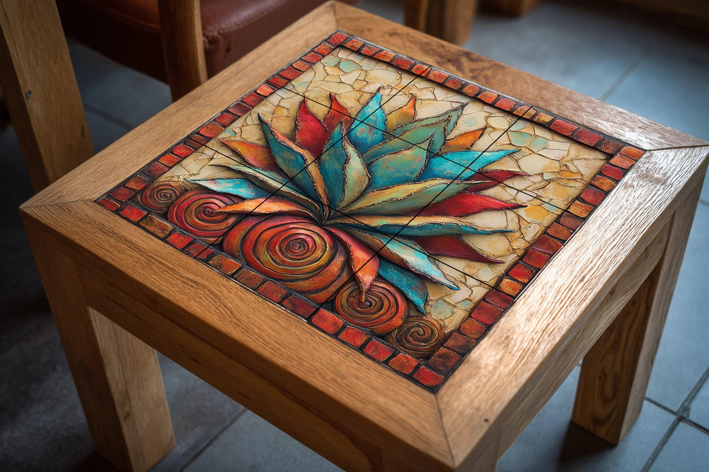 Mexican agave ceramic tile mural / Colorful succulent decorative panel with red and blue leaves / Rustic Southwestern decor