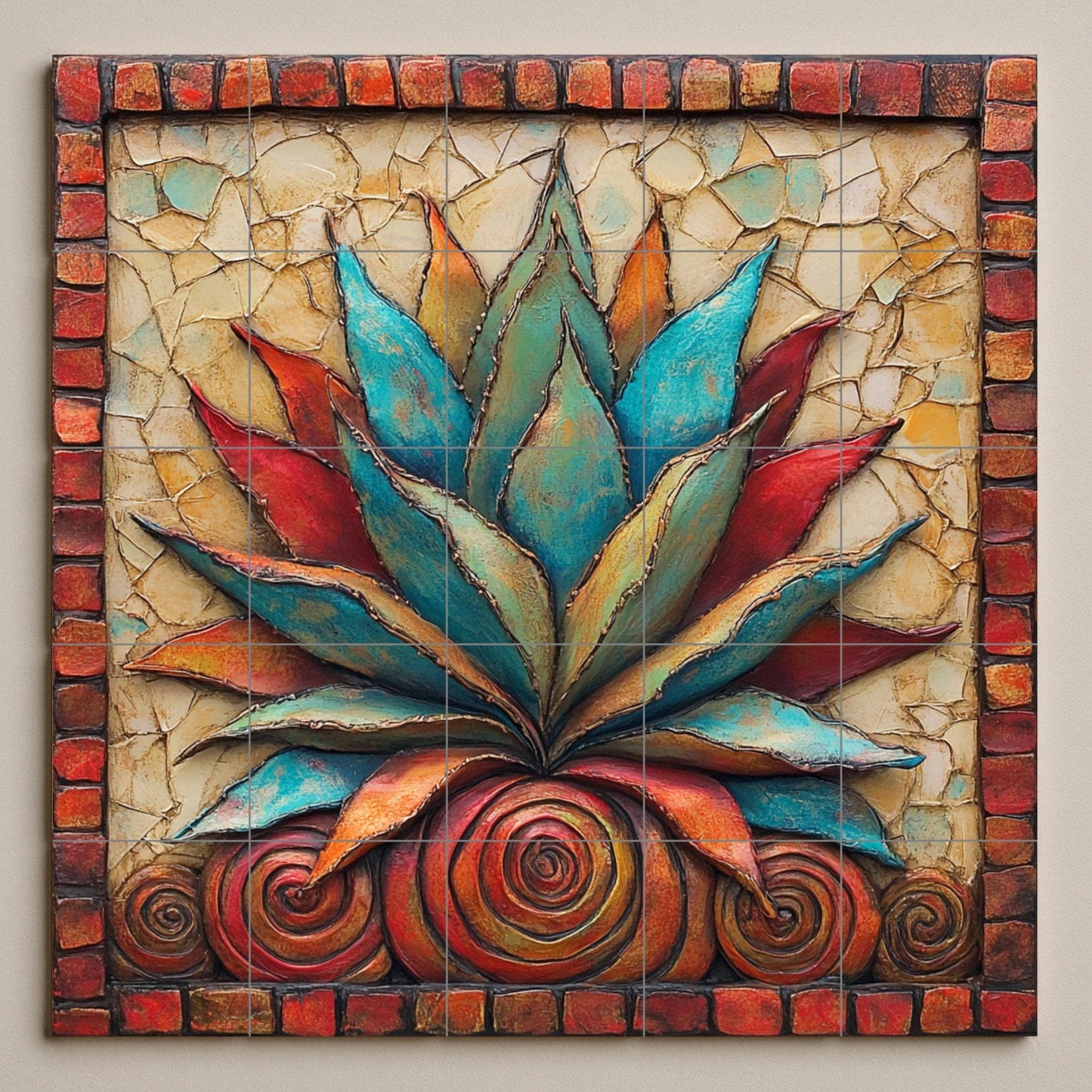 Mexican agave ceramic tile mural / Colorful succulent decorative panel with red and blue leaves / Rustic Southwestern decor