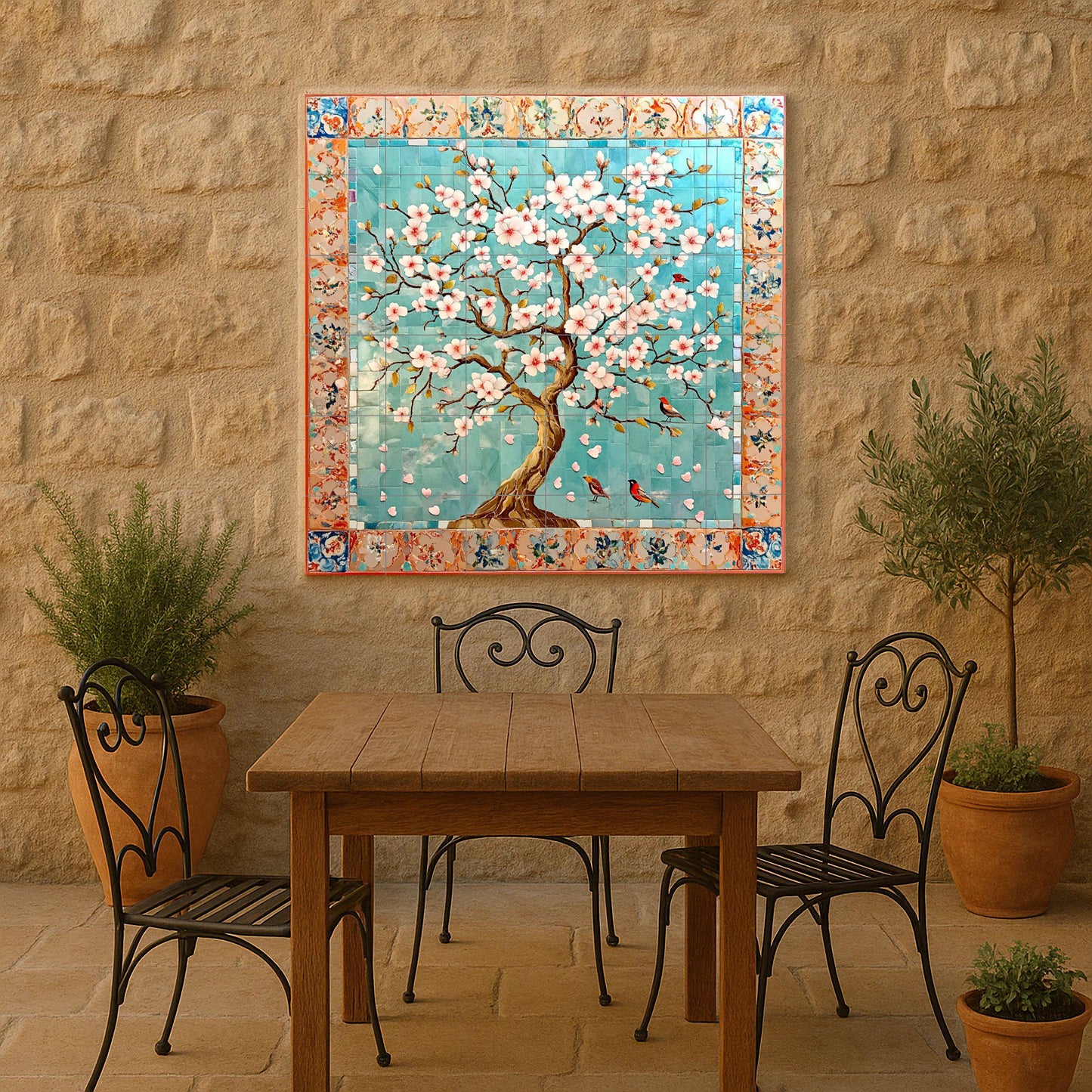 Ceramic tile mural with cherry blossoms / Decorative panel with oriental flowering tree and birds / Japanese inspiration