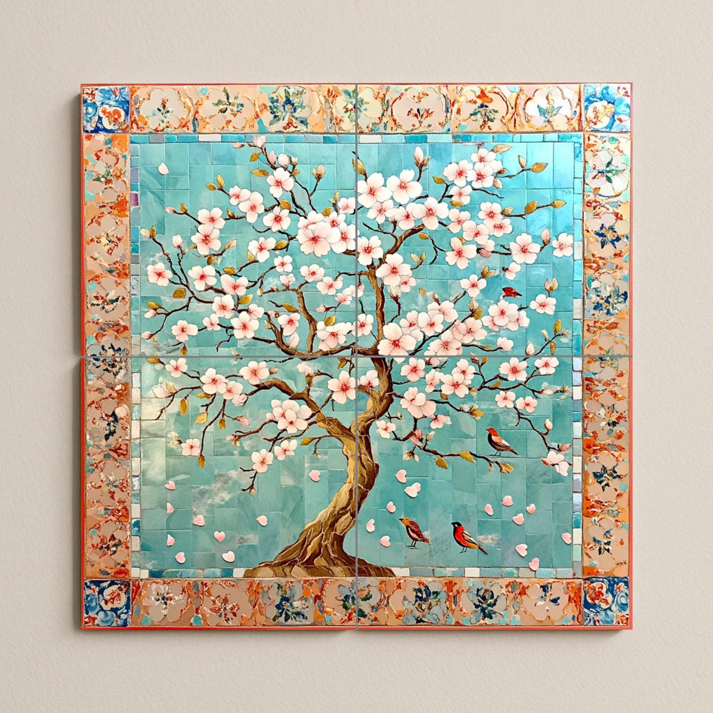 Ceramic tile mural with cherry blossoms / Decorative panel with oriental flowering tree and birds / Japanese inspiration