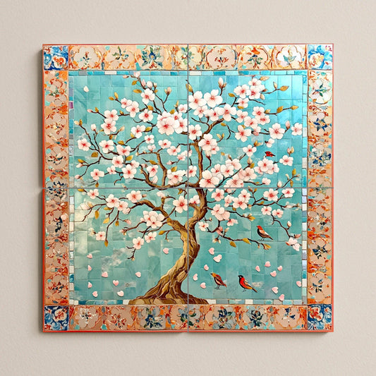 Ceramic tile mural with cherry blossoms / Decorative panel with oriental flowering tree and birds / Japanese inspiration