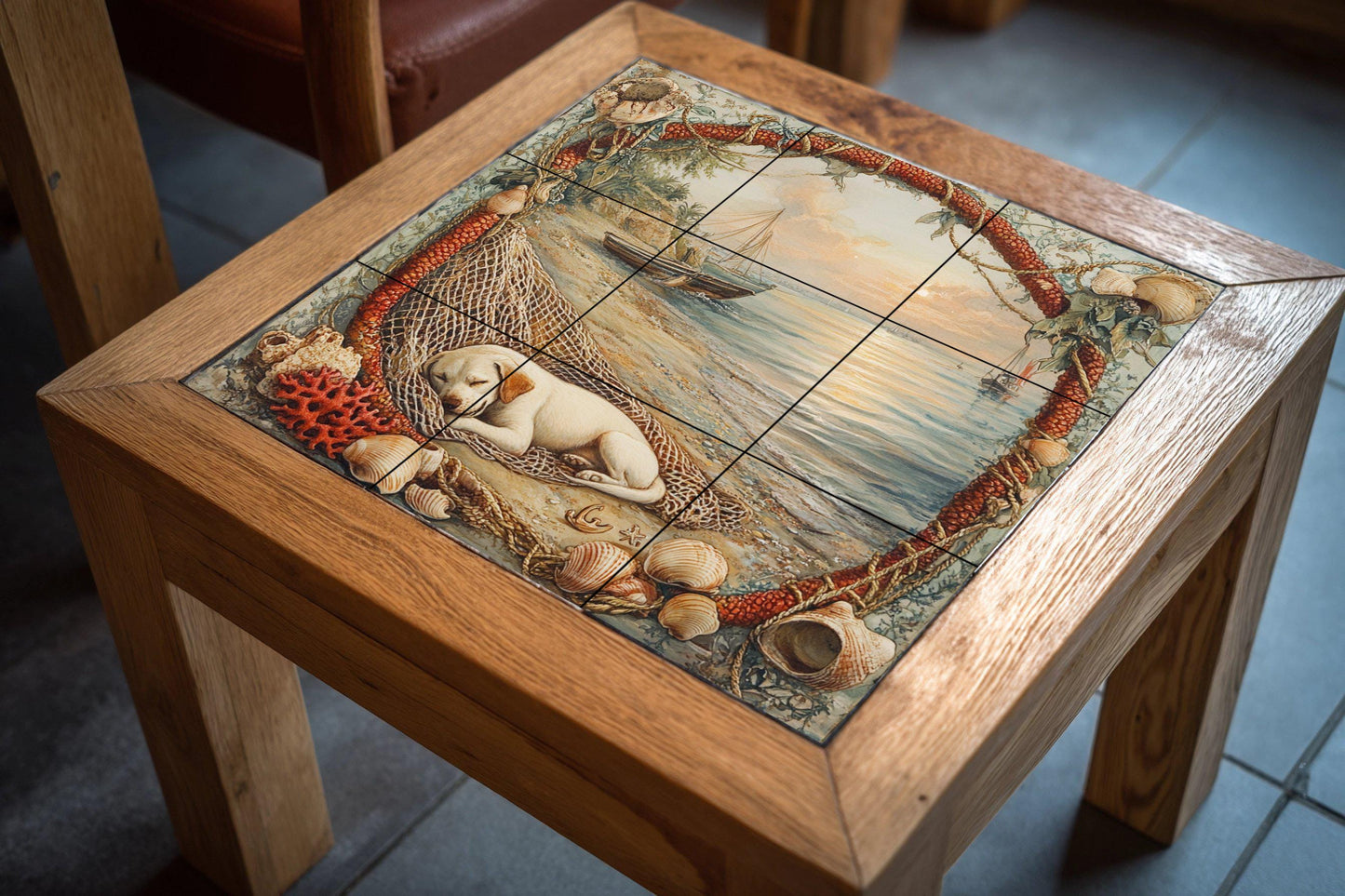 Ceramic tile mural with a puppy by the sea / Dog sleeping on the beach with boats and shells / Coastal nautical decorative panel