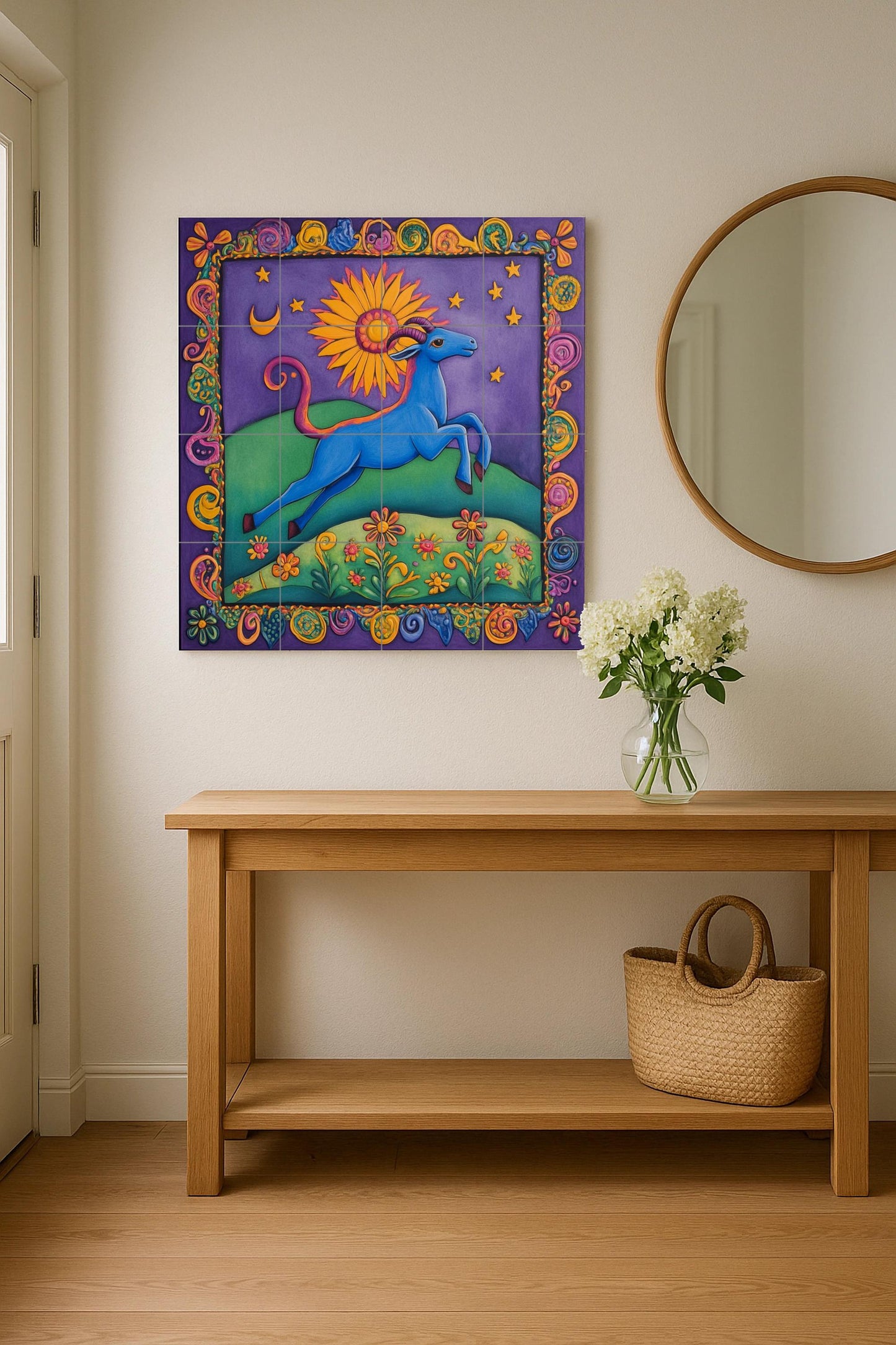 Colorful folk art ceramic tile mural / Vibrant blue goat with sun and stars / Mexican-inspired decorative panel