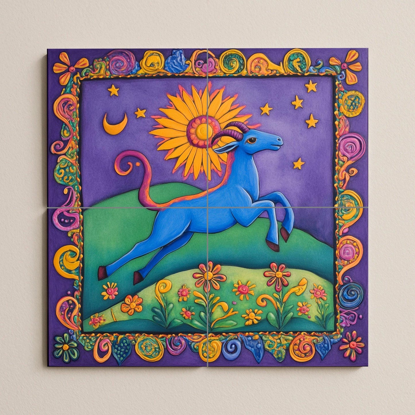 Colorful folk art ceramic tile mural / Vibrant blue goat with sun and stars / Mexican-inspired decorative panel