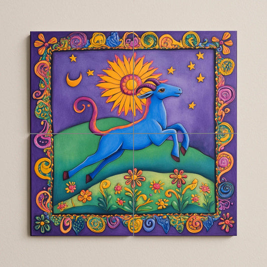Colorful folk art ceramic tile mural / Vibrant blue goat with sun and stars / Mexican-inspired decorative panel