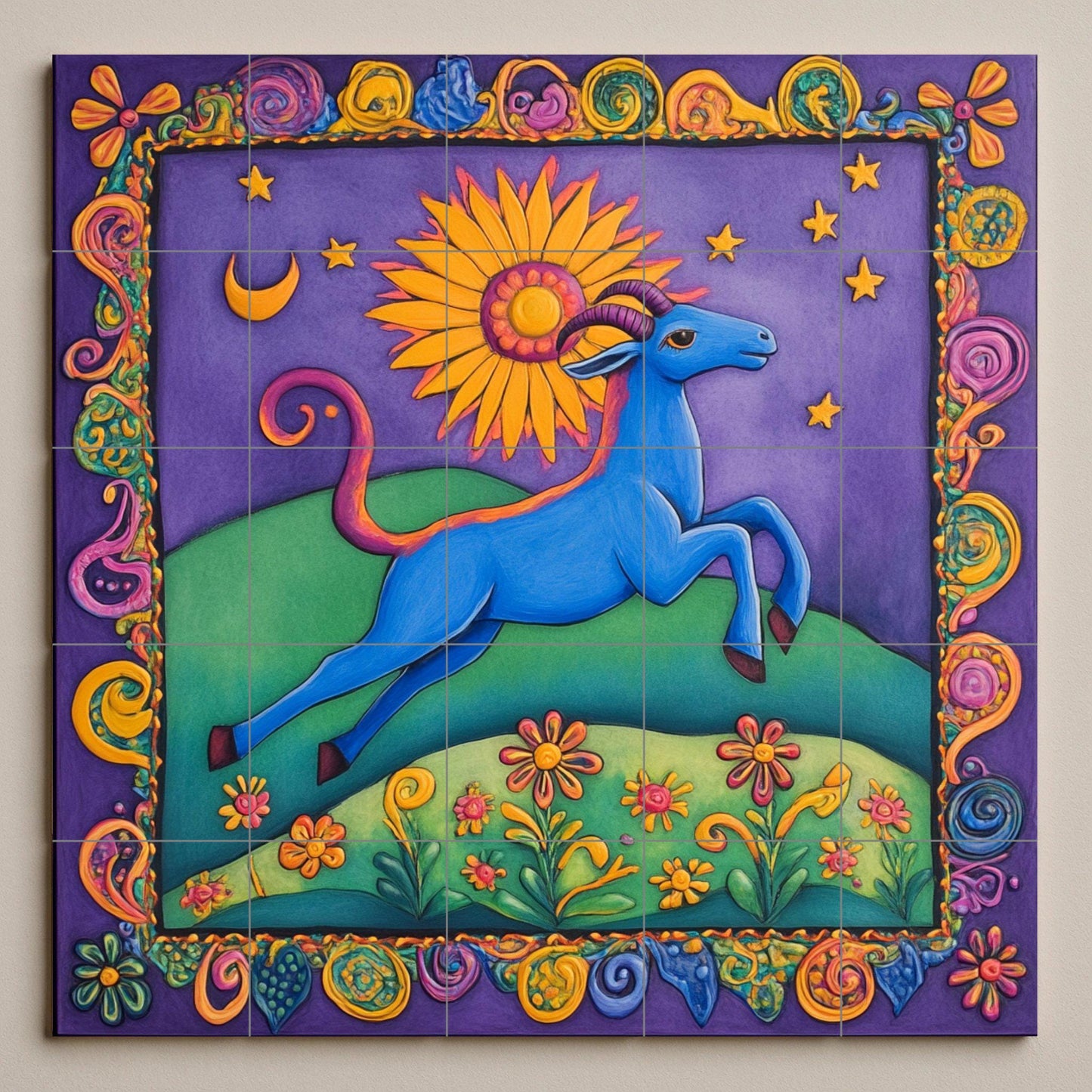 Colorful folk art ceramic tile mural / Vibrant blue goat with sun and stars / Mexican-inspired decorative panel