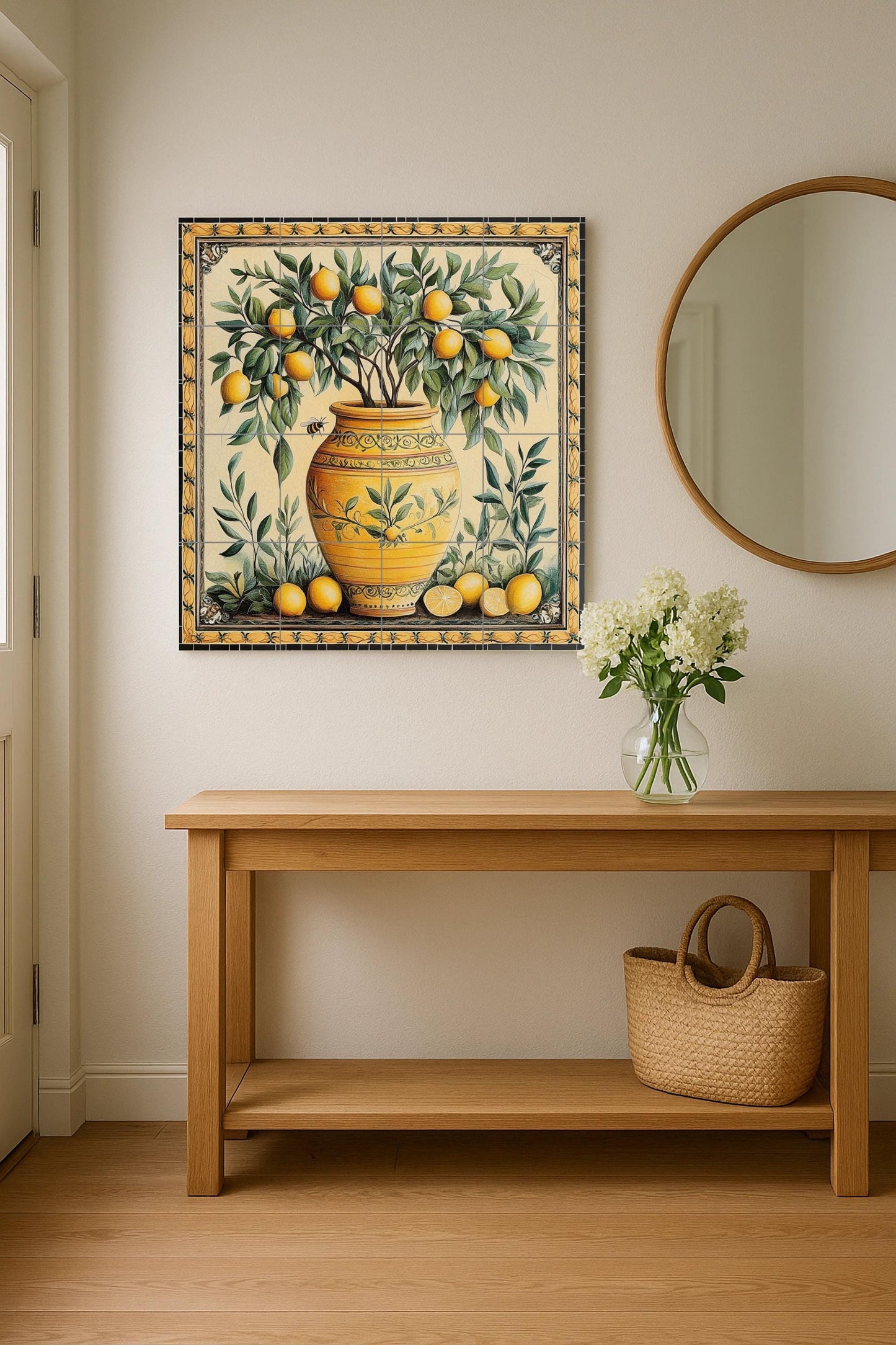 Ceramic tile mural with a vase of Mediterranean lemons / Yellow terracotta pot with lemons and leaves / Rustic decoration for an Italian kitchen