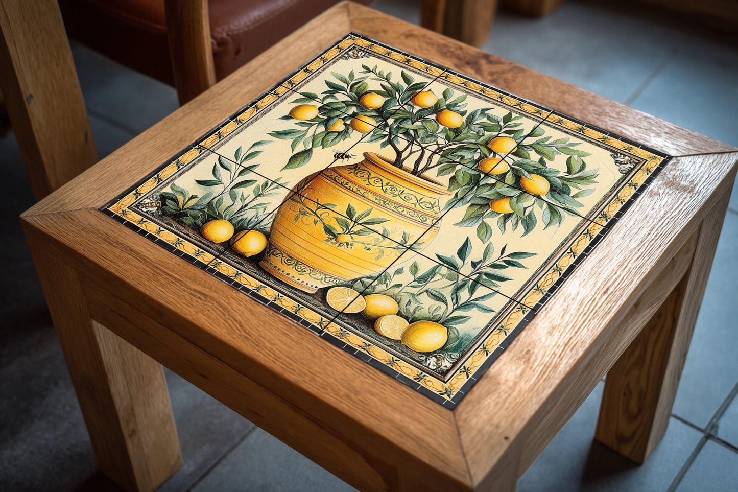 Ceramic tile mural with a vase of Mediterranean lemons / Yellow terracotta pot with lemons and leaves / Rustic decoration for an Italian kitchen