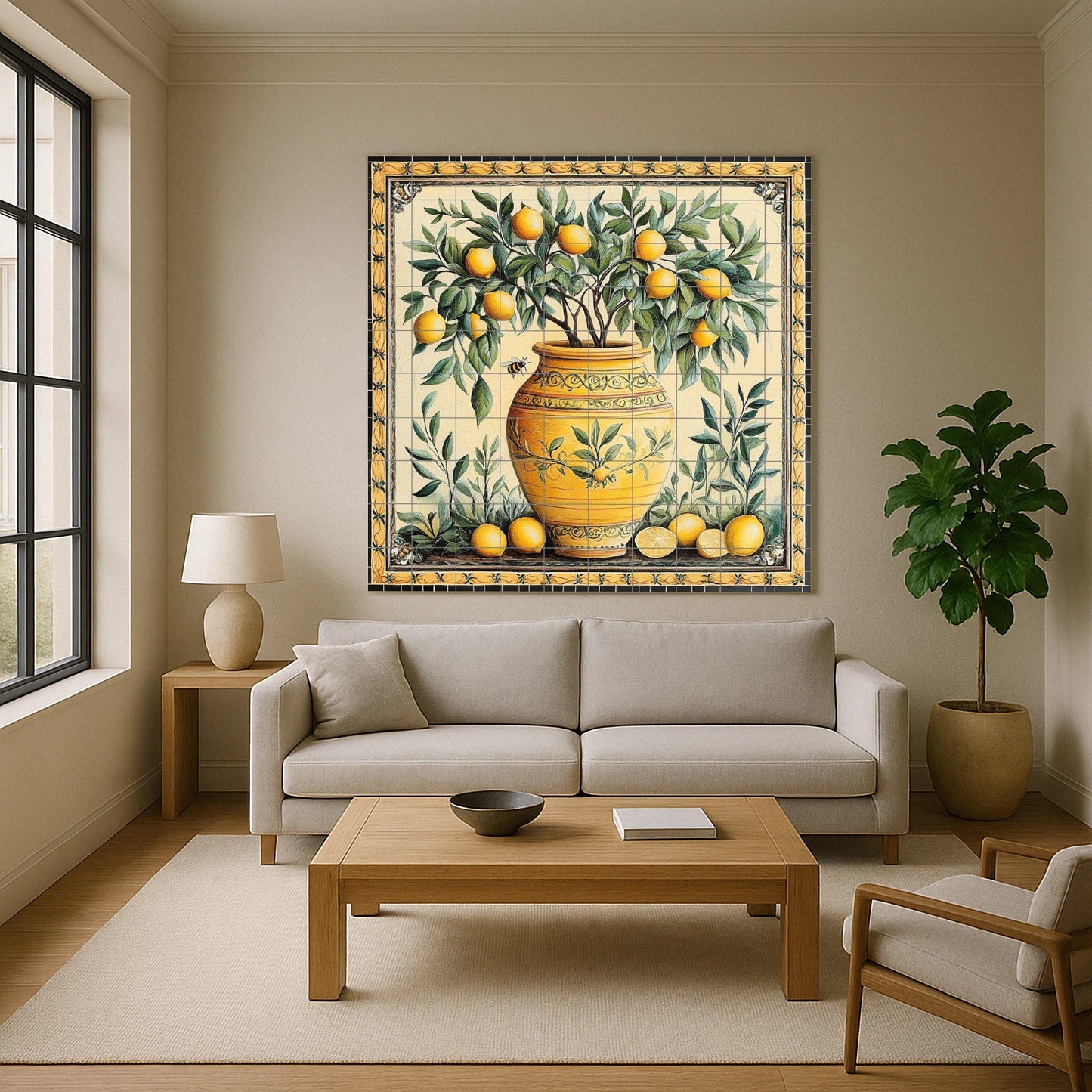 Ceramic tile mural with a vase of Mediterranean lemons / Yellow terracotta pot with lemons and leaves / Rustic decoration for an Italian kitchen