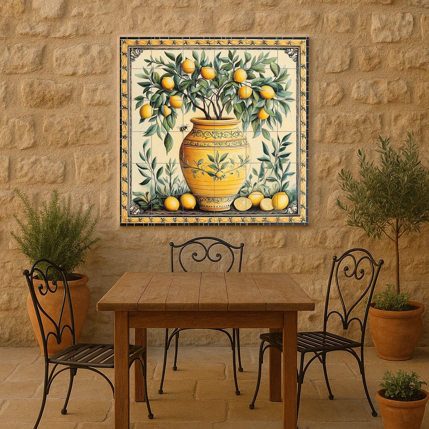 Ceramic tile mural with a vase of Mediterranean lemons / Yellow terracotta pot with lemons and leaves / Rustic decoration for an Italian kitchen