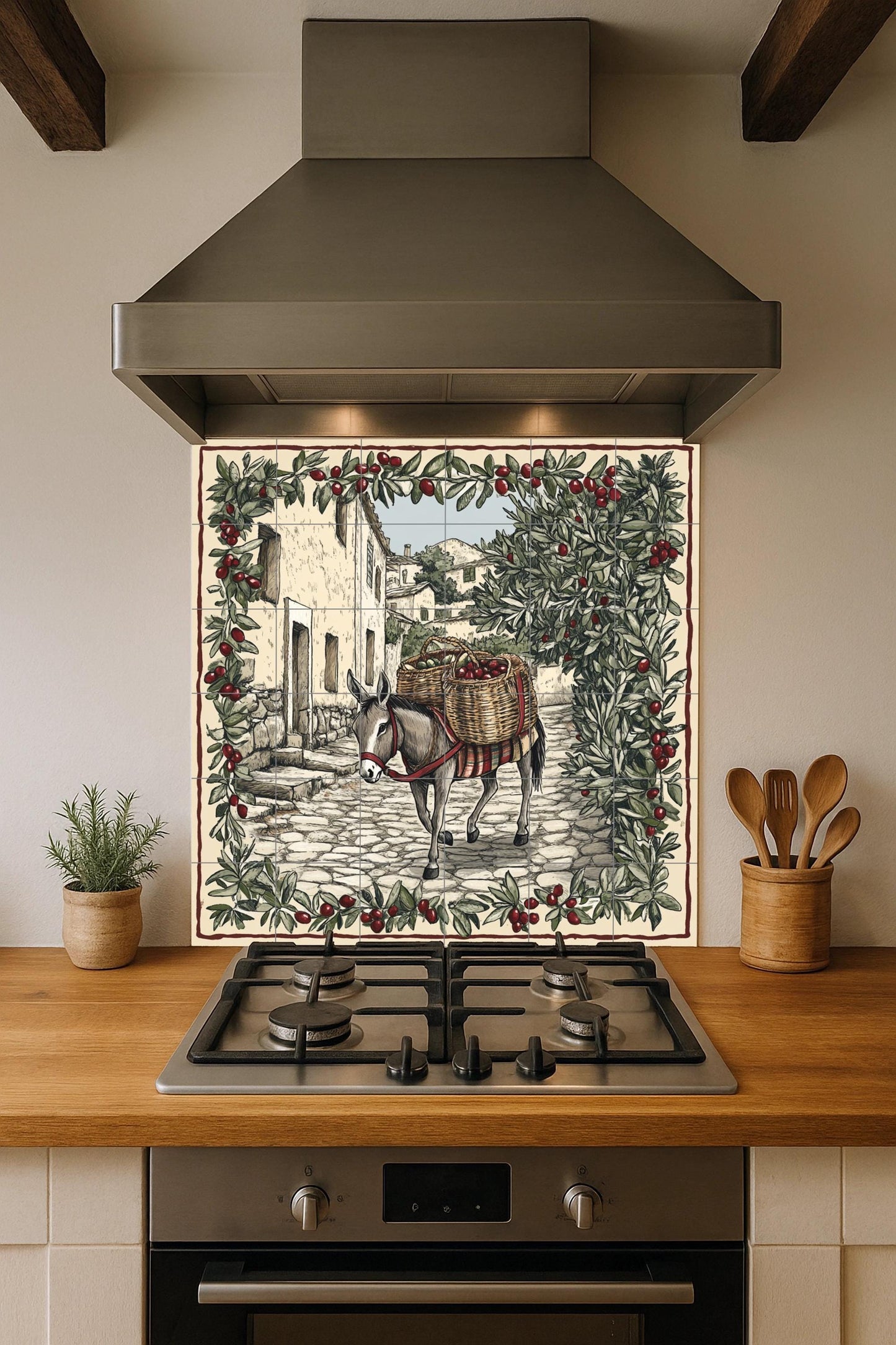 Rustic ceramic tile mural depicting olive harvesting / Mediterranean donkey with a basket of olives / Traditional country decor