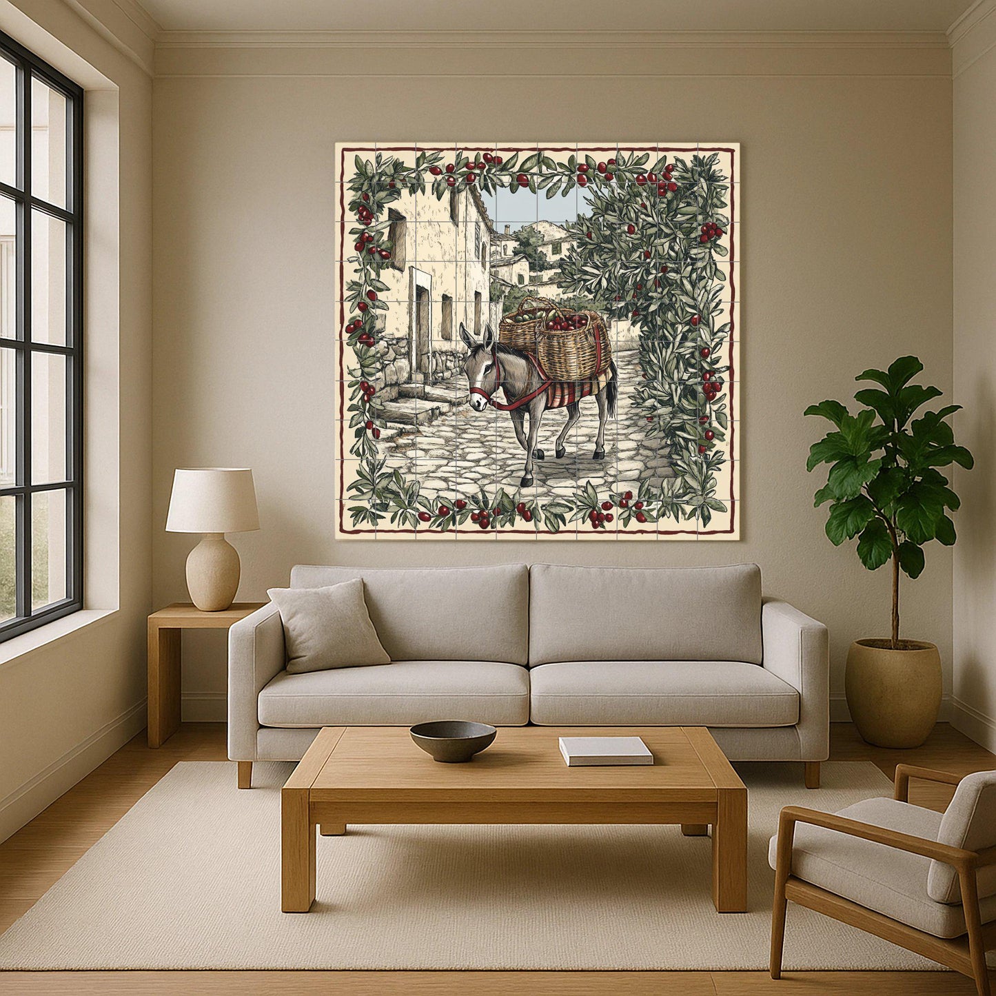 Rustic ceramic tile mural depicting olive harvesting / Mediterranean donkey with a basket of olives / Traditional country decor
