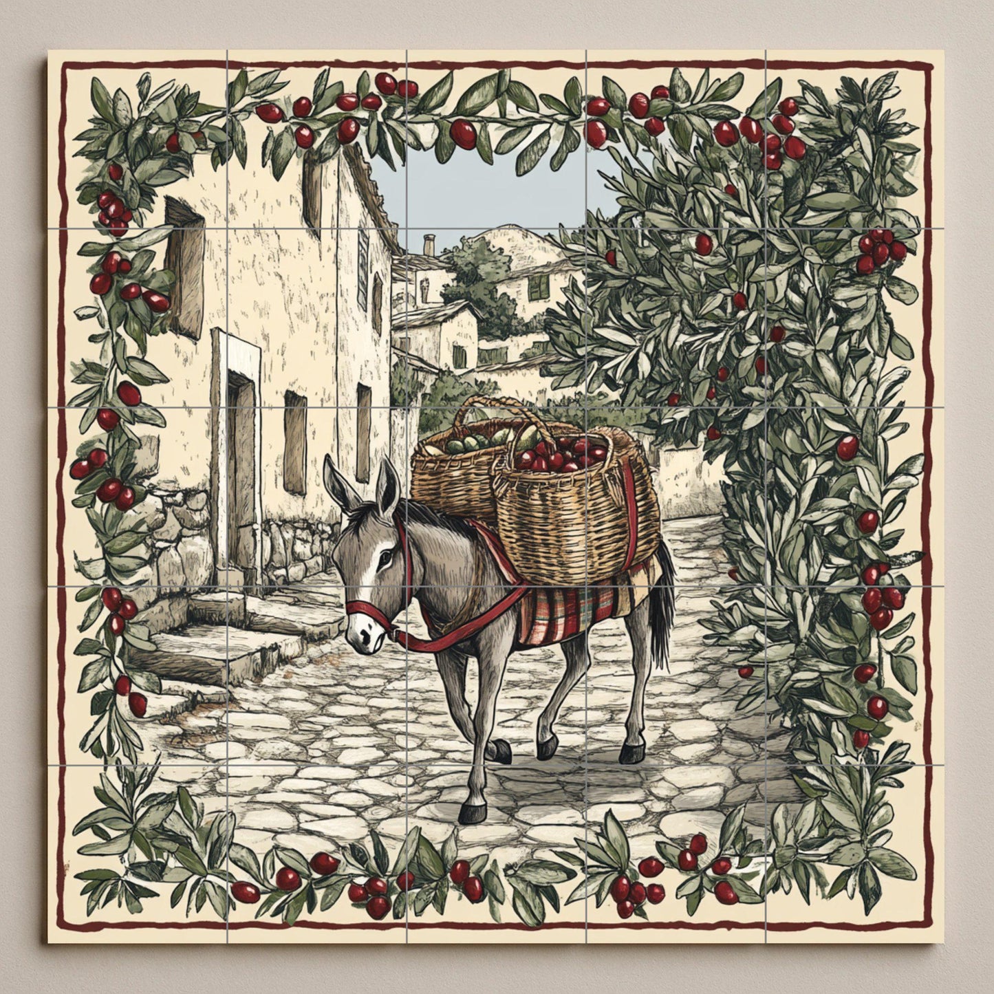 Rustic ceramic tile mural depicting olive harvesting / Mediterranean donkey with a basket of olives / Traditional country decor