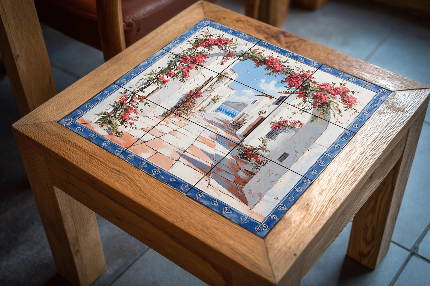 Ceramic tile mural of a Mediterranean coastal village / White coastal houses with bougainvillea / Greek island kitchen backsplash decoration