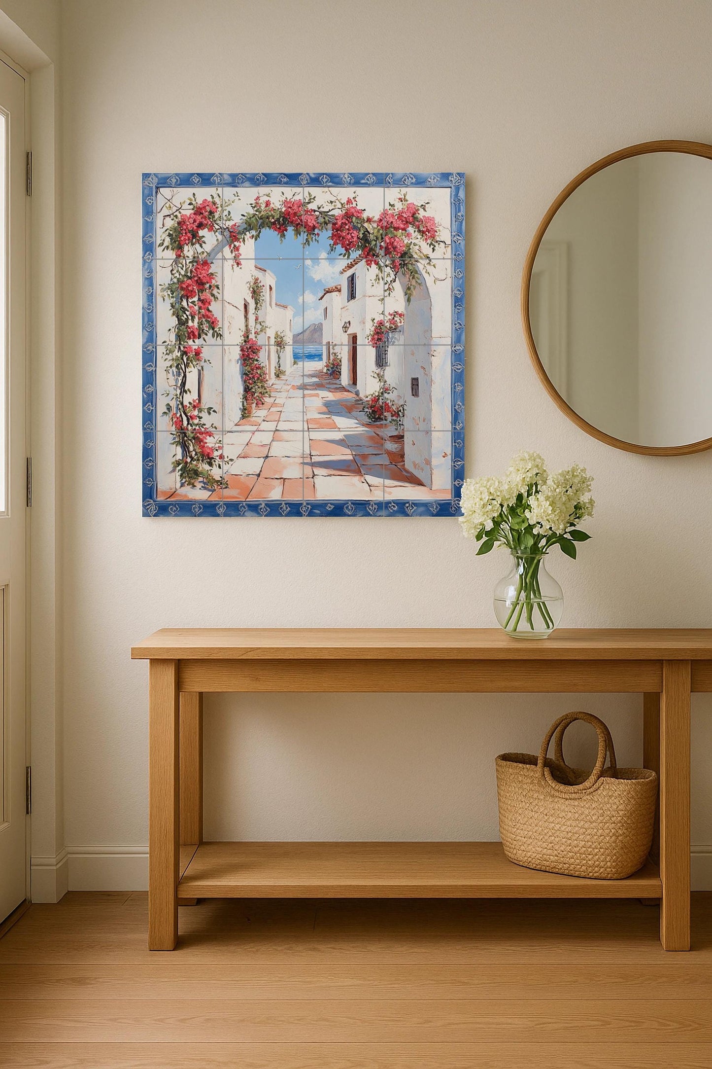 Ceramic tile mural of a Mediterranean coastal village / White coastal houses with bougainvillea / Greek island kitchen backsplash decoration
