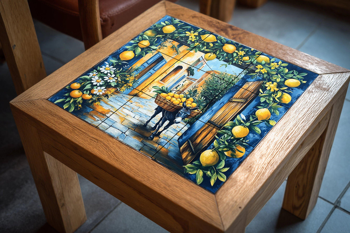 Mediterranean Lemon Street Ceramic Tile Mural / Italian Village with Donkey and Lemons / Rustic Amalfi Kitchen Backsplash Decor