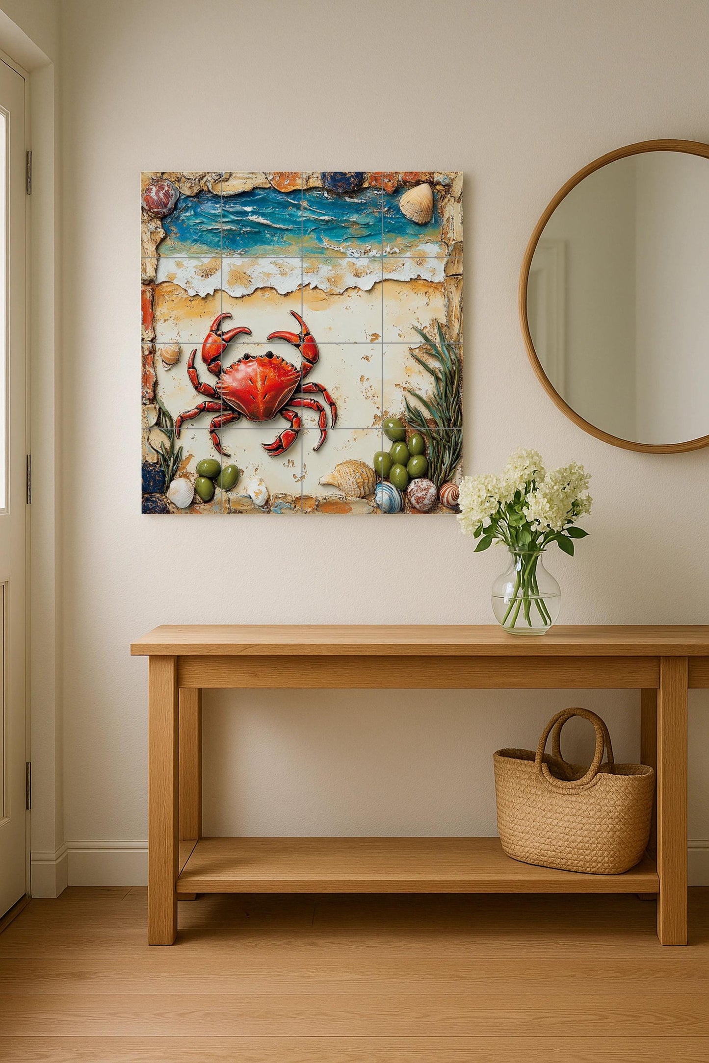 Coastal Crab Ceramic Tile Mural / Red Crab with Shells and Ocean Waves / Nautical Beach Decorative Panel for Room or Patio