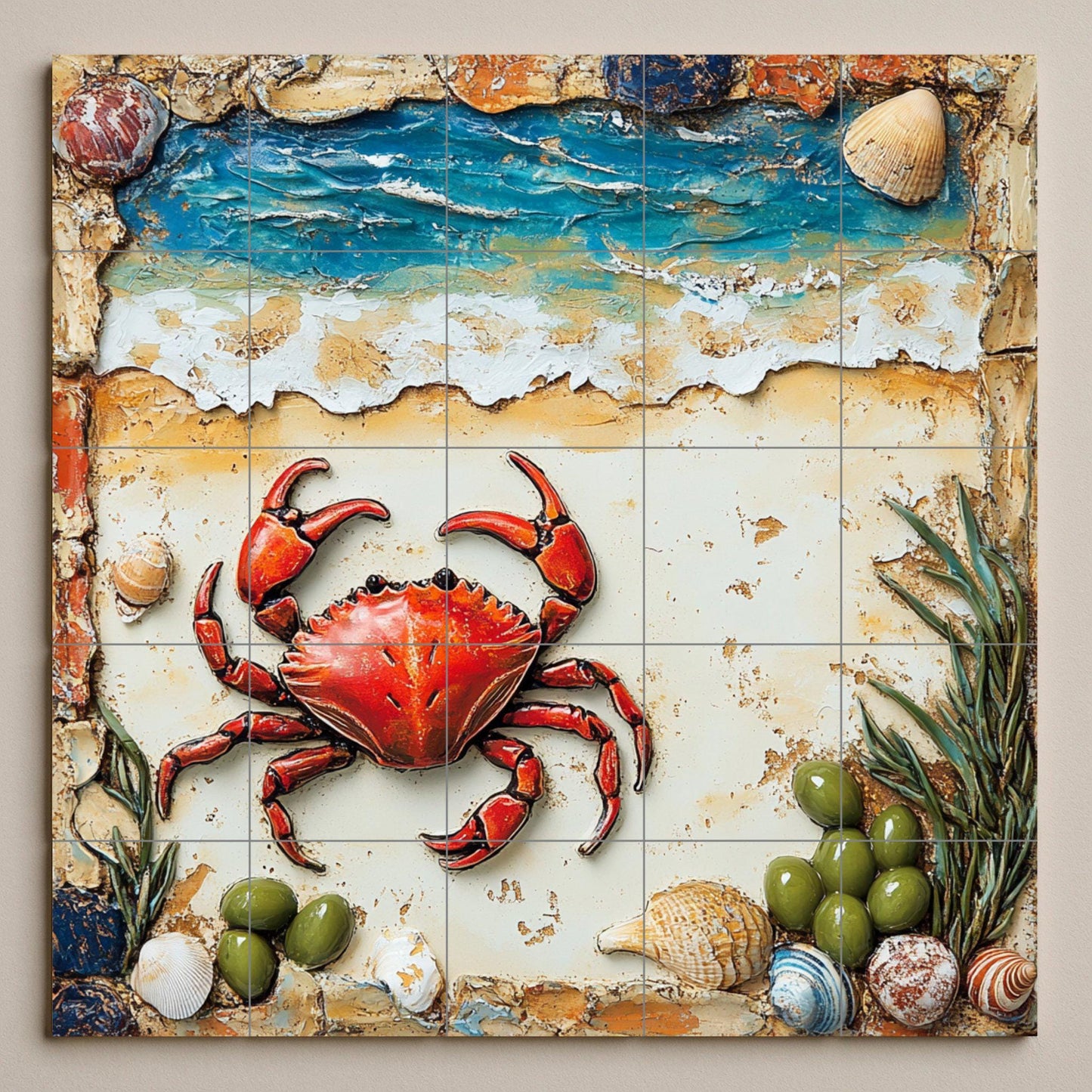 Coastal Crab Ceramic Tile Mural / Red Crab with Shells and Ocean Waves / Nautical Beach Decorative Panel for Room or Patio