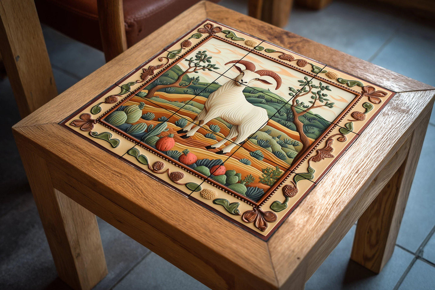 Rustic Goat Ceramic Tile Mural / Mediterranean Country Style Decorative Panel with Ram and Landscape / Rustic Style Decor
