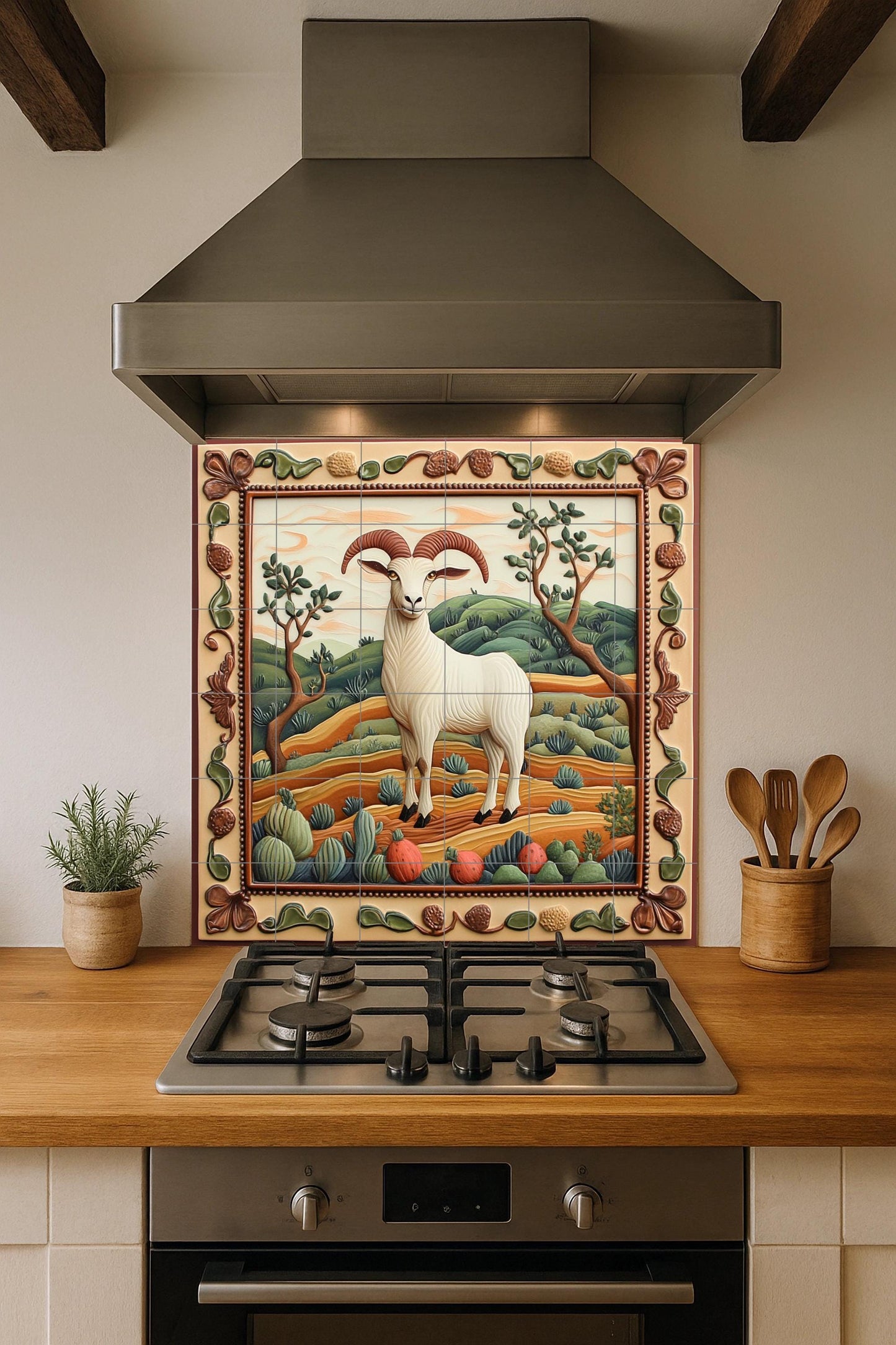Rustic Goat Ceramic Tile Mural / Mediterranean Country Style Decorative Panel with Ram and Landscape / Rustic Style Decor