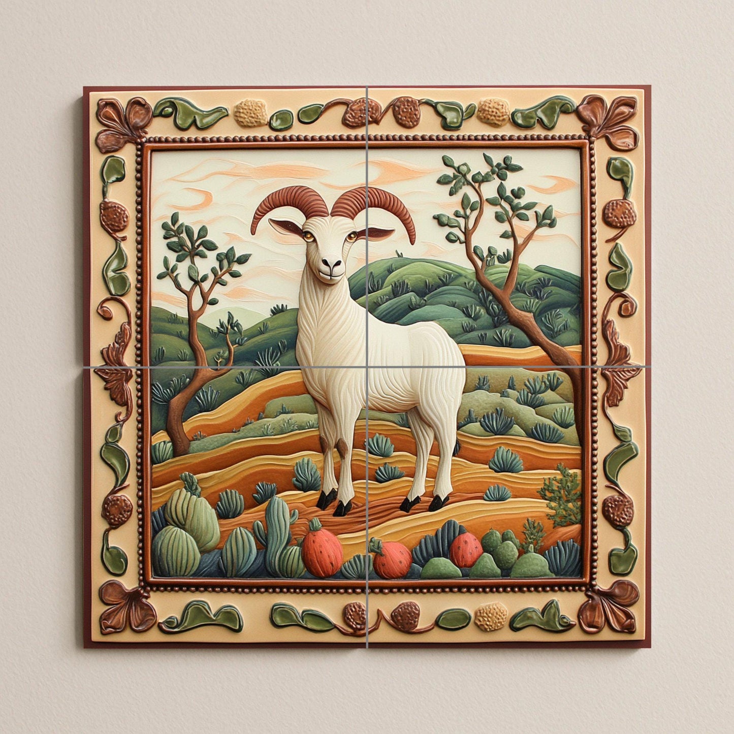 Rustic Goat Ceramic Tile Mural / Mediterranean Country Style Decorative Panel with Ram and Landscape / Rustic Style Decor