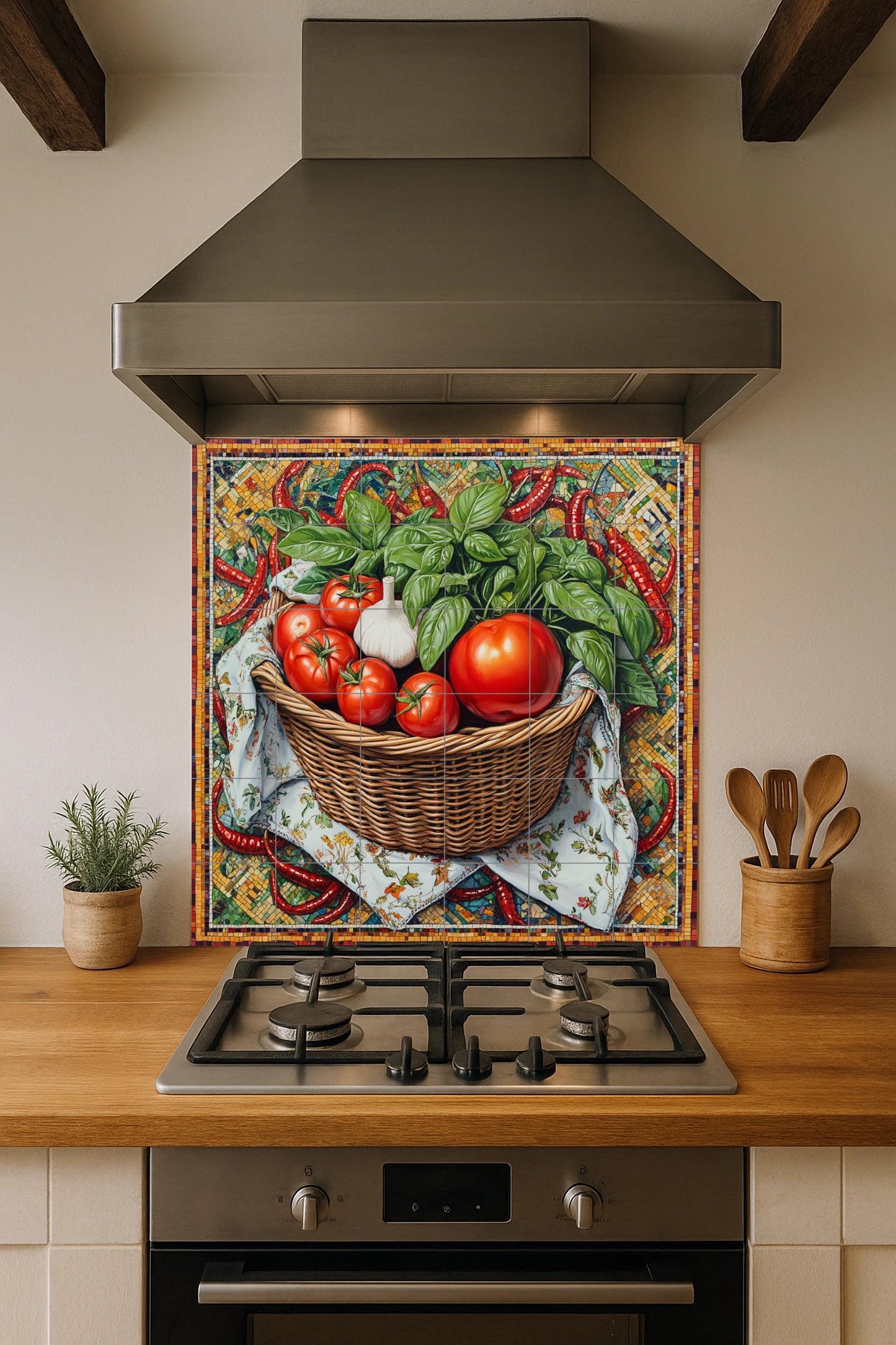 Italian rustic kitchen ceramic tile mural / Basket of tomatoes, basil, garlic and peppers / Mediterranean cuisine