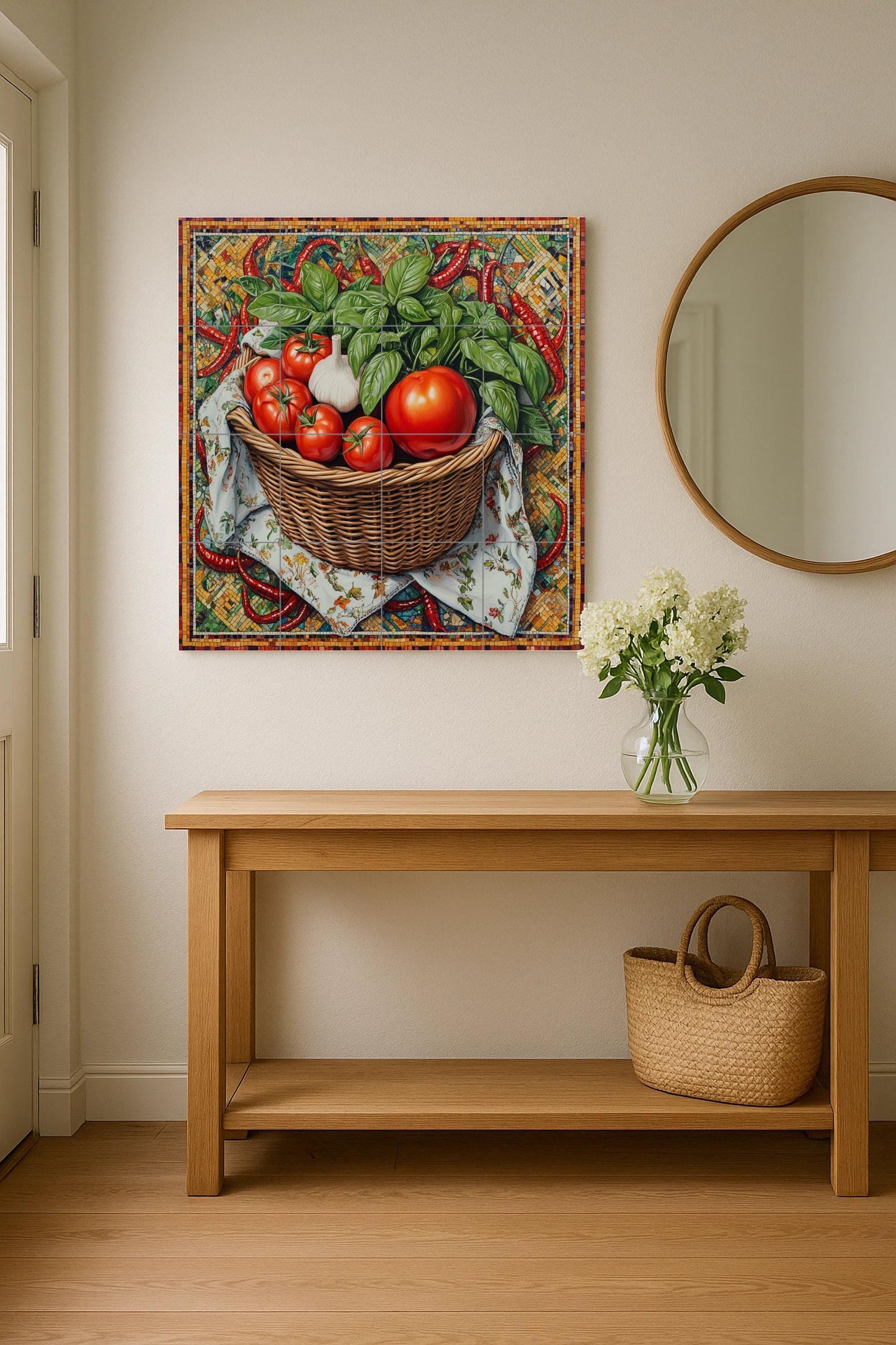 Italian rustic kitchen ceramic tile mural / Basket of tomatoes, basil, garlic and peppers / Mediterranean cuisine