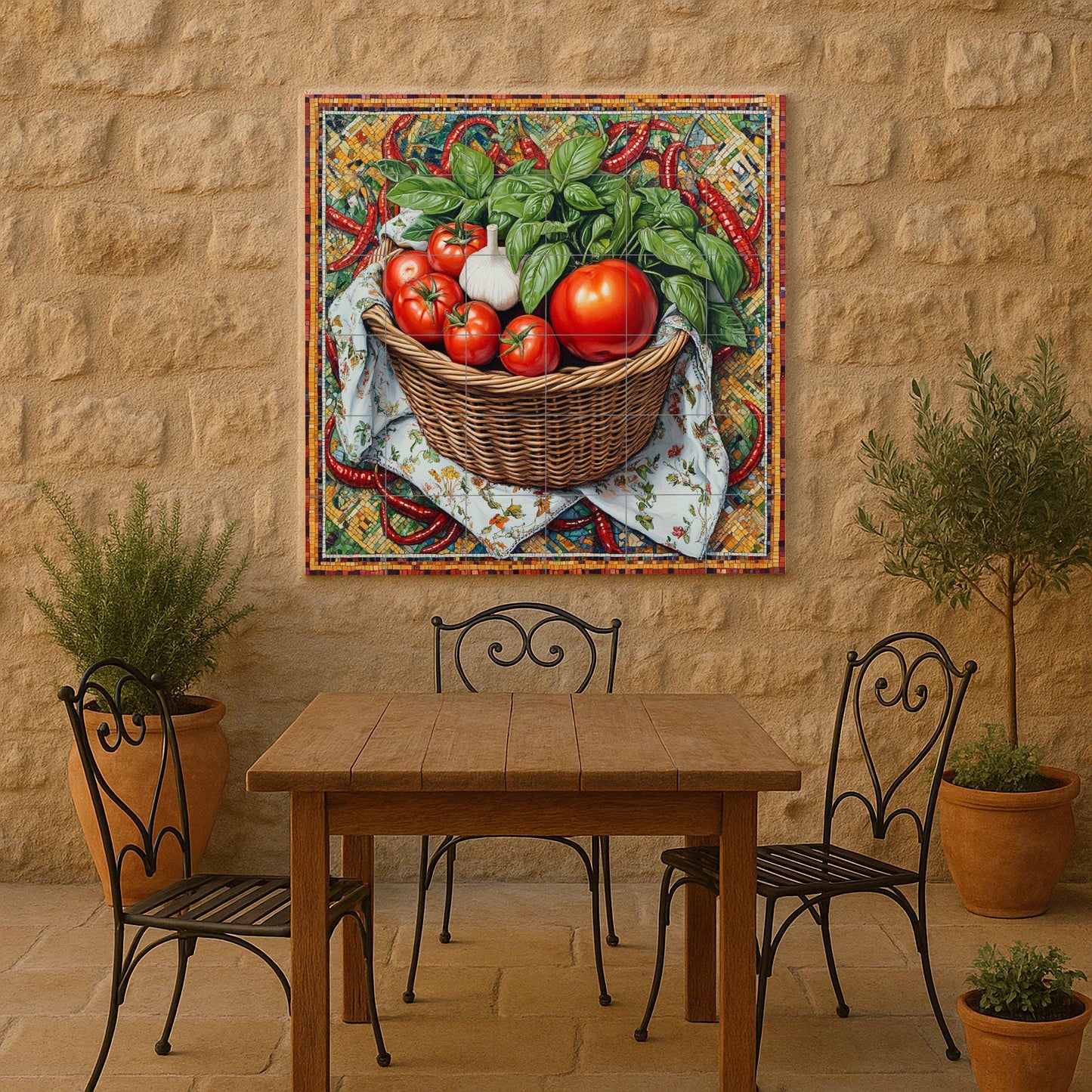 Italian rustic kitchen ceramic tile mural / Basket of tomatoes, basil, garlic and peppers / Mediterranean cuisine