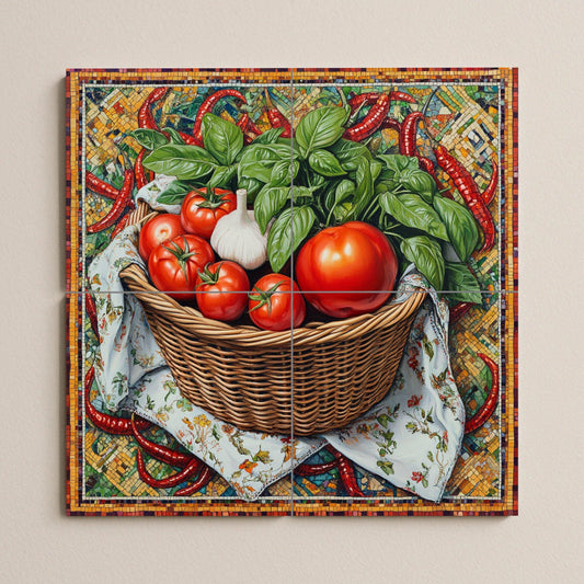 Italian rustic kitchen ceramic tile mural / Basket of tomatoes, basil, garlic and peppers / Mediterranean cuisine