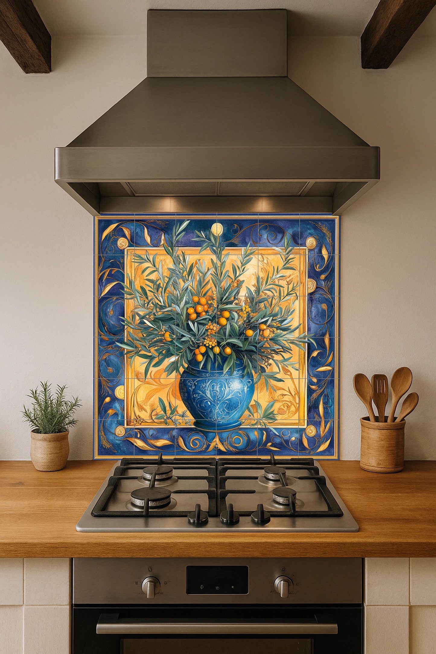 Ceramic tile mural with Mediterranean olive vase / Blue and gold decorative panel with olive and citrus branches