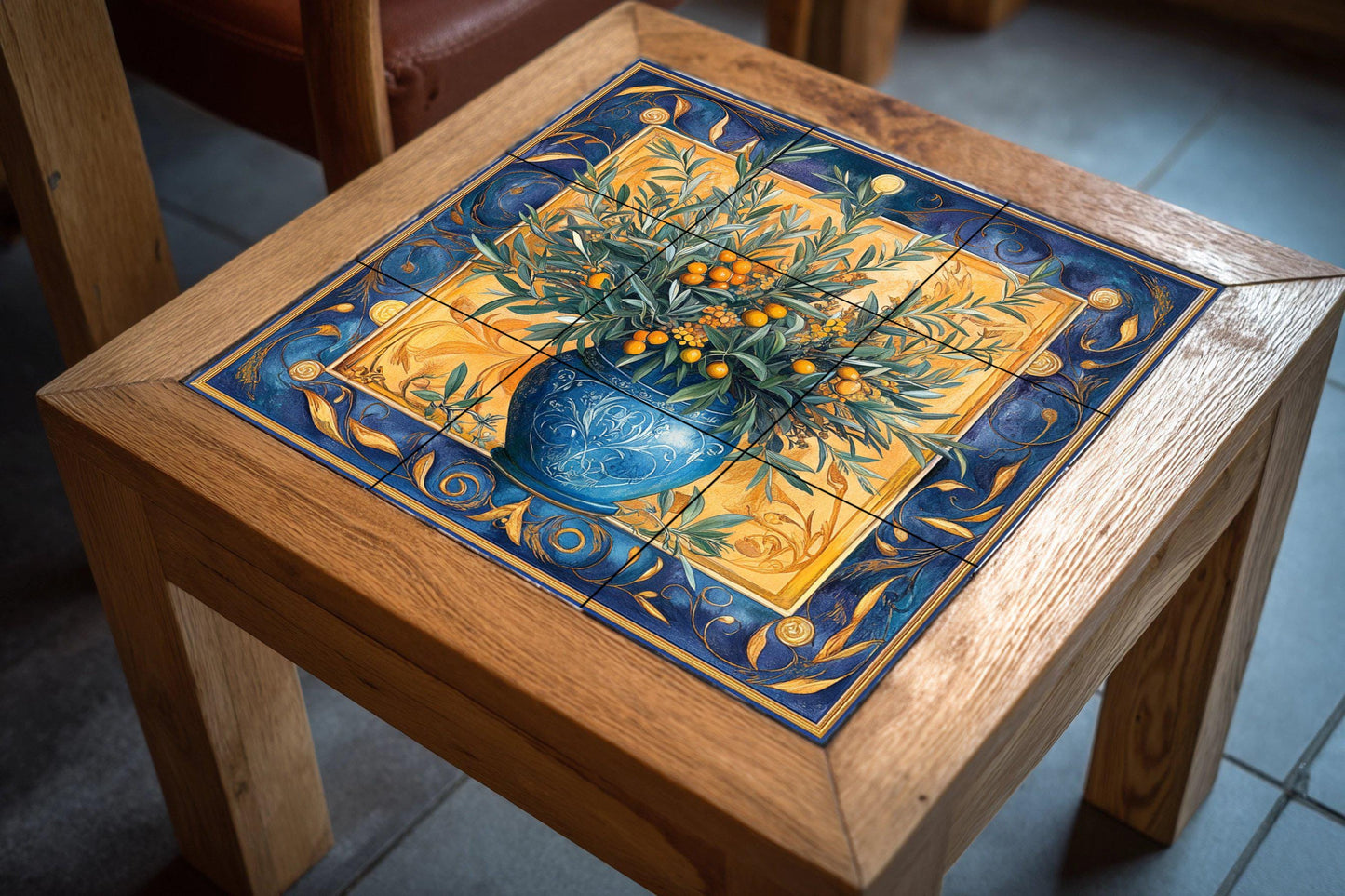Ceramic tile mural with Mediterranean olive vase / Blue and gold decorative panel with olive and citrus branches
