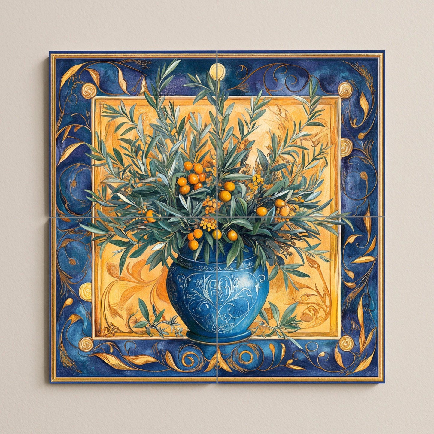 Ceramic tile mural with Mediterranean olive vase / Blue and gold decorative panel with olive and citrus branches