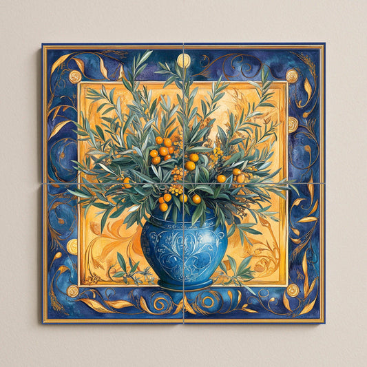 Ceramic tile mural with Mediterranean olive vase / Blue and gold decorative panel with olive and citrus branches