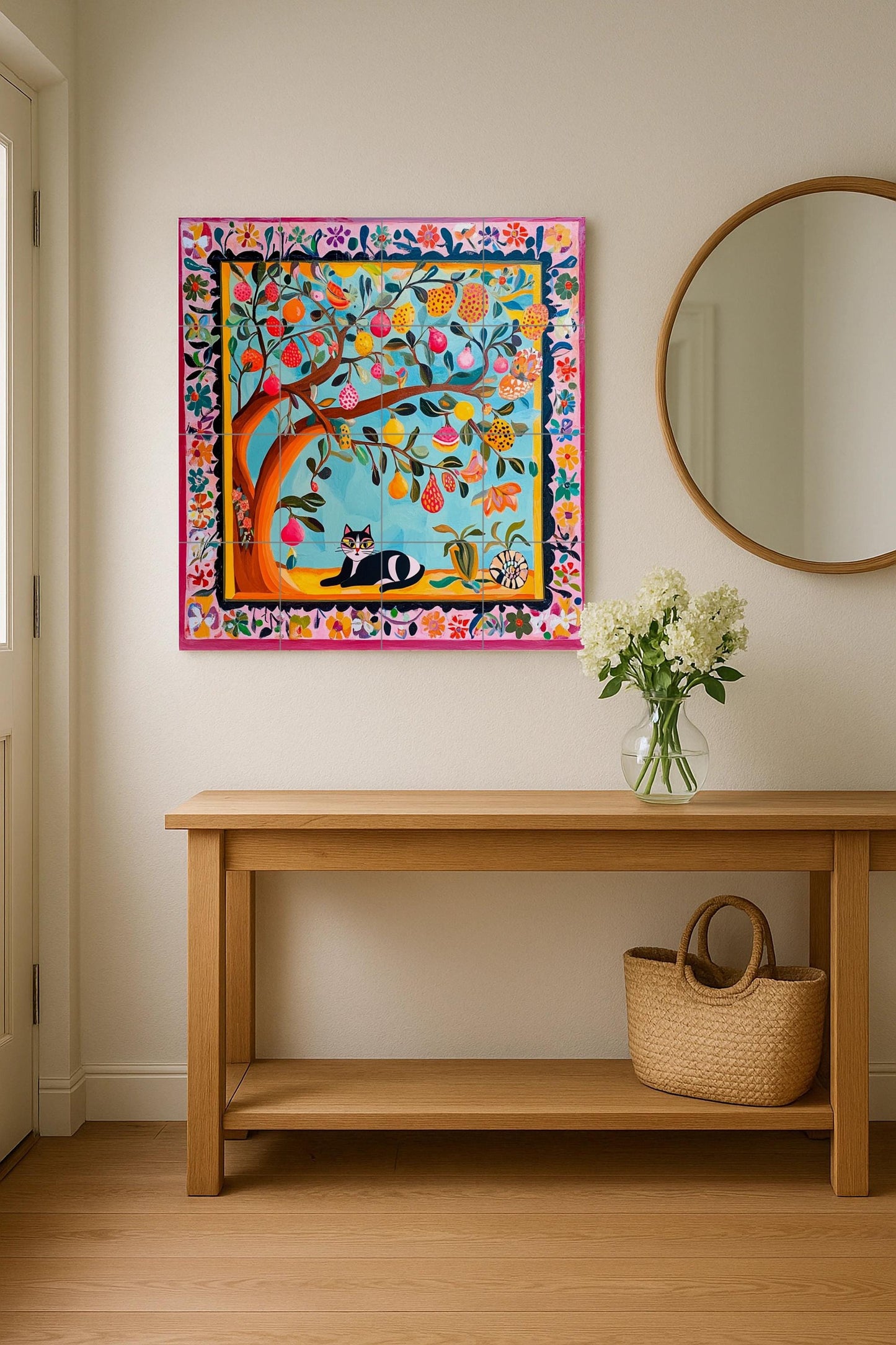 Colorful folk art ceramic tile mural / Vibrant fruit tree with cat and floral border / Mexican-inspired decor