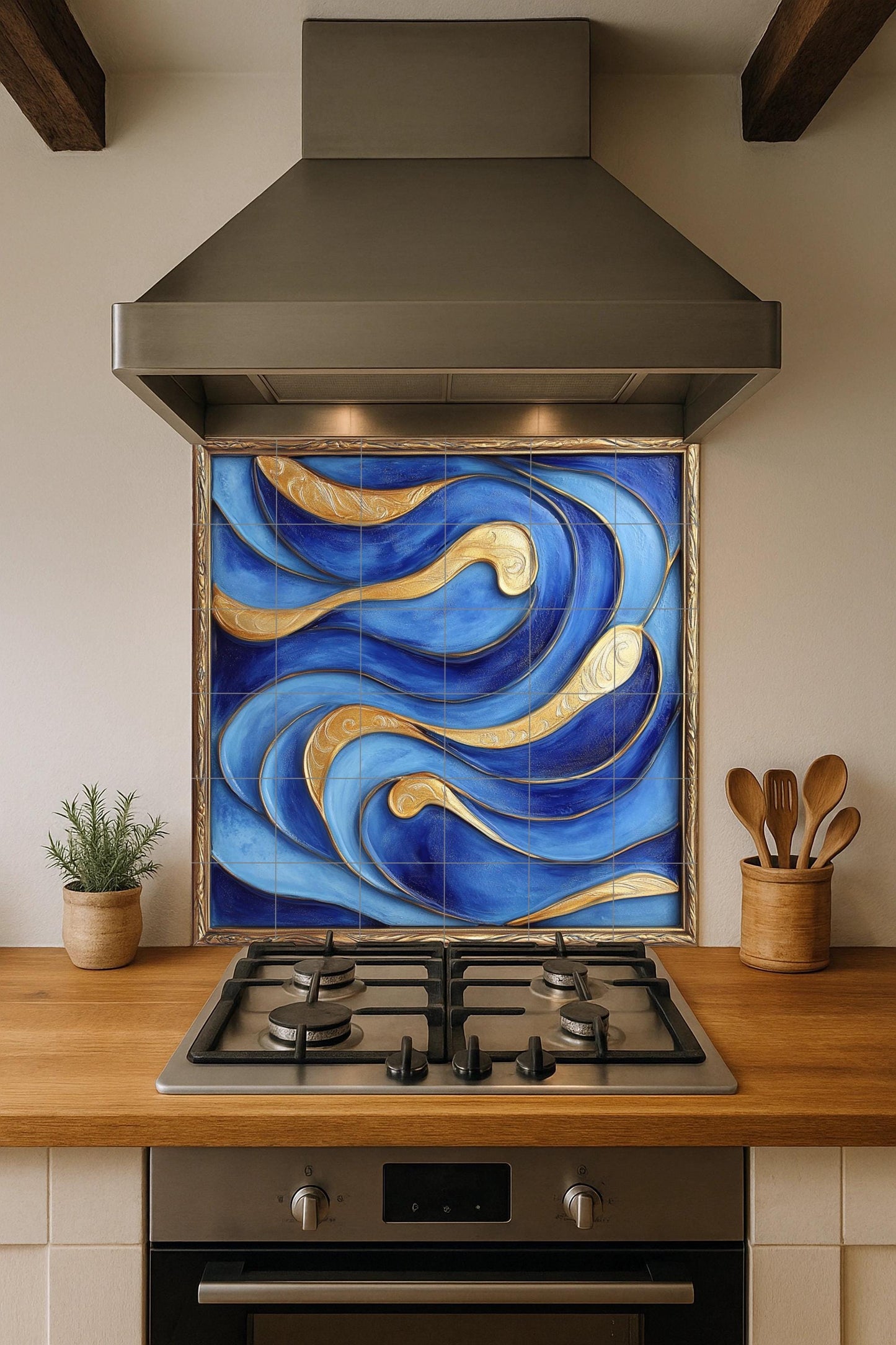 Abstract blue and gold ceramic tile mural for wall. Modern luxury decorative panel with flowing wave design for kitchen or bedroom backsplash.