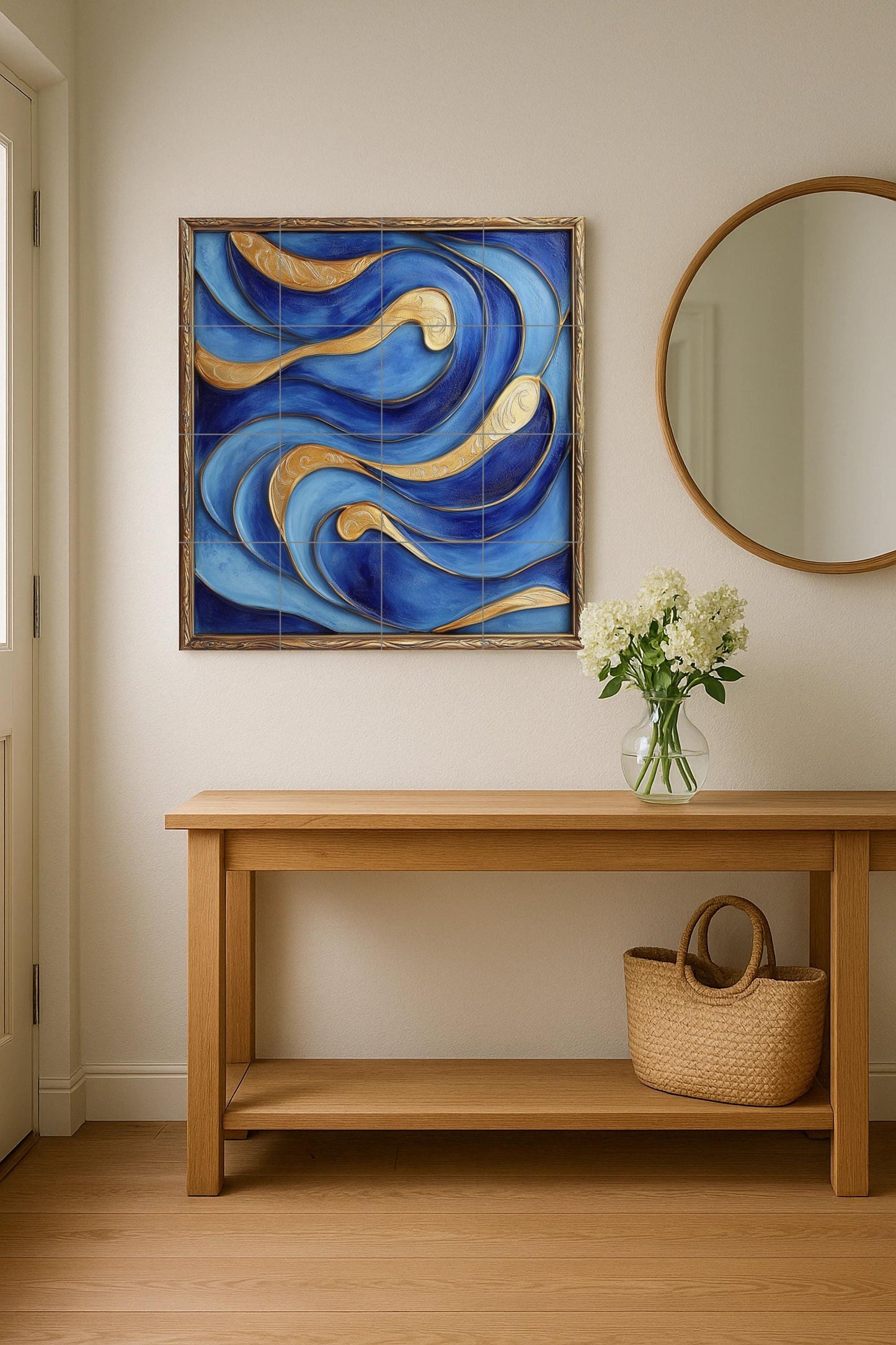 Abstract blue and gold ceramic tile mural for wall. Modern luxury decorative panel with flowing wave design for kitchen or bedroom backsplash.