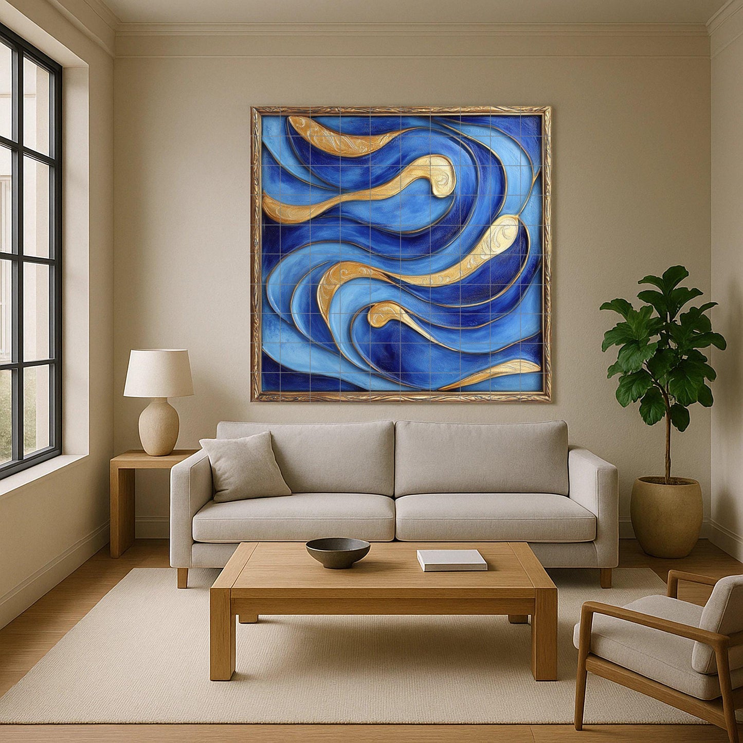 Abstract blue and gold ceramic tile mural for wall. Modern luxury decorative panel with flowing wave design for kitchen or bedroom backsplash.