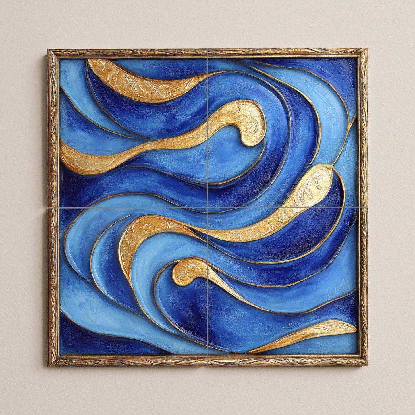 Abstract blue and gold ceramic tile mural for wall. Modern luxury decorative panel with flowing wave design for kitchen or bedroom backsplash.