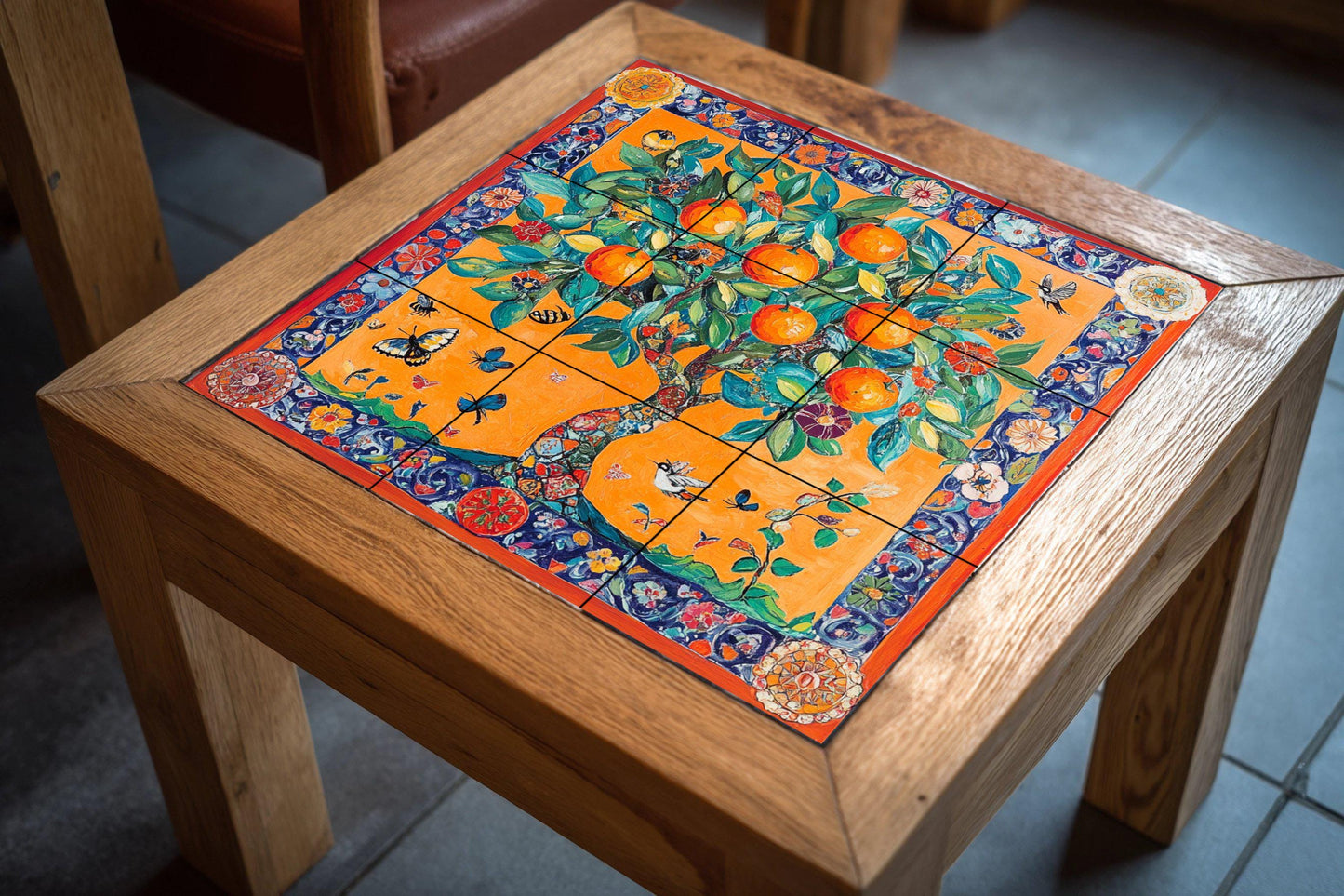 Mediterranean orange tree ceramic tile mural / Colorful vegetable garden with butterflies and birds / Kitchen backsplash with vibrant flowers