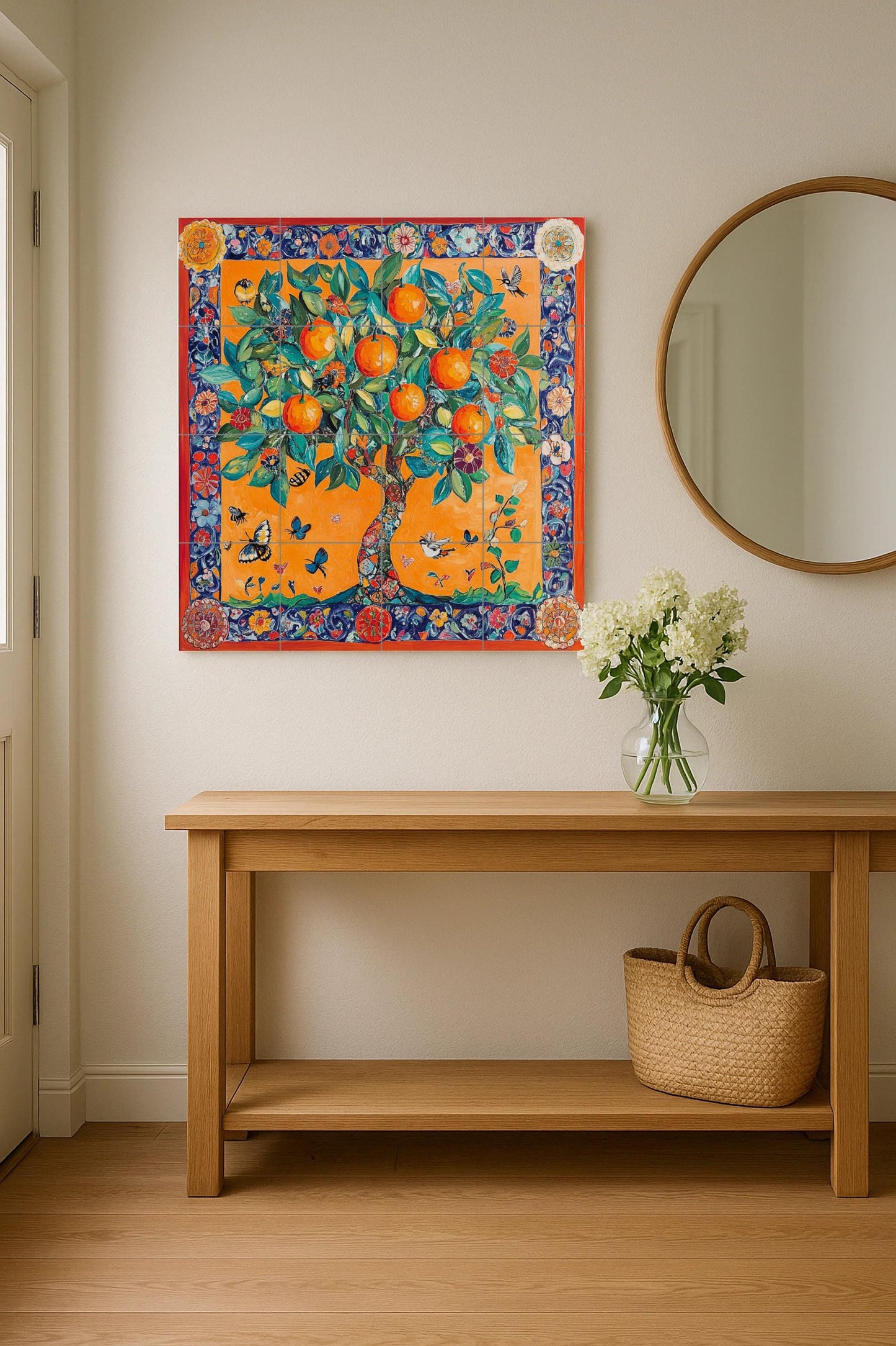 Mediterranean orange tree ceramic tile mural / Colorful vegetable garden with butterflies and birds / Kitchen backsplash with vibrant flowers